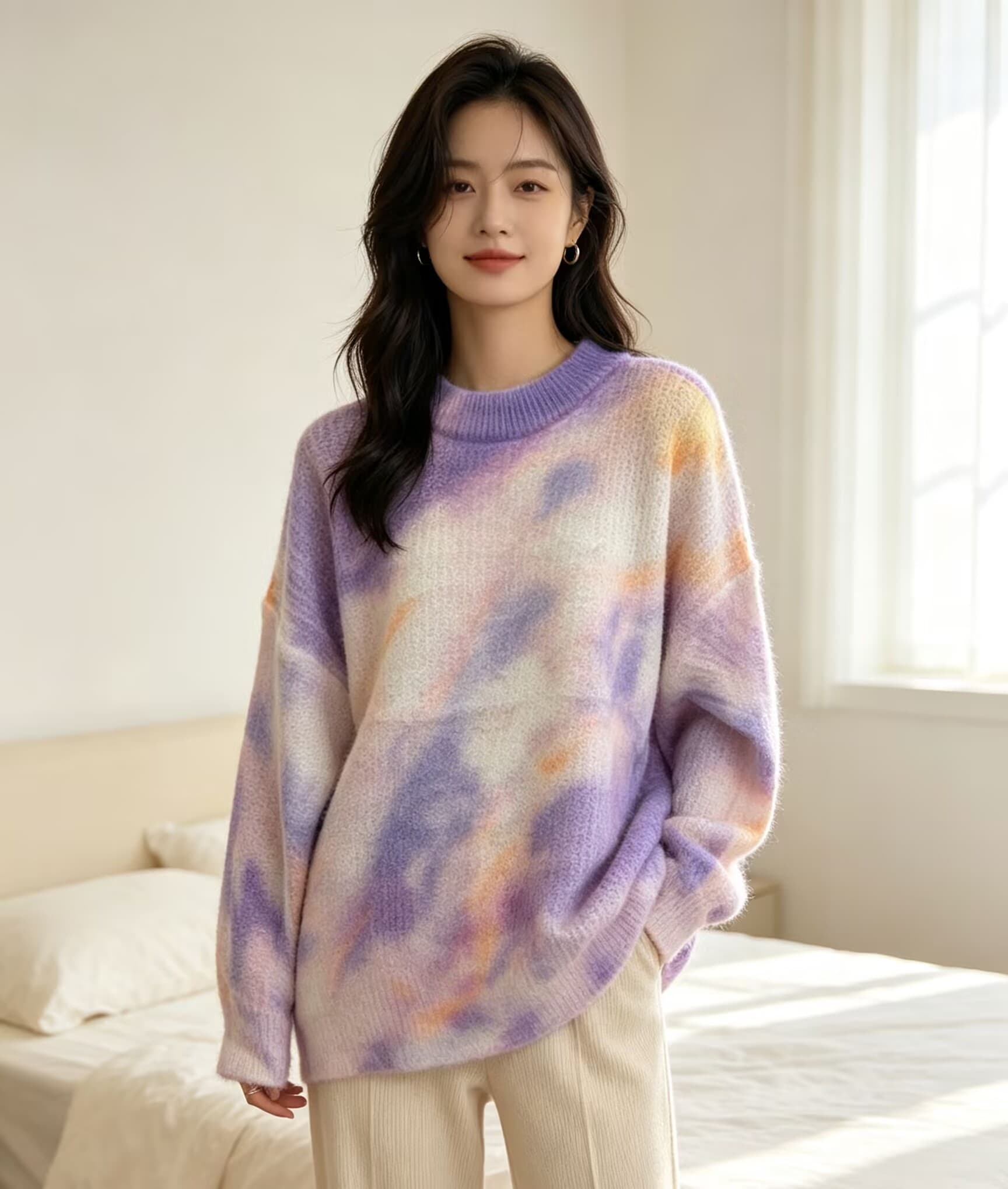 부드러운 찹쌀 그라데이션 프린트 모헤어 풀오버 수 있습니다. 소금 수 있습니다. 달콤한 루즈핏 캐주얼 니트 스웨터 스웨터 이미지 2