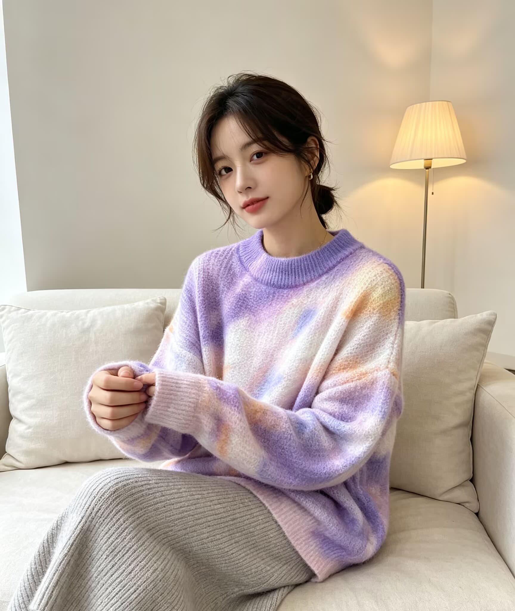 부드러운 찹쌀 그라데이션 프린트 모헤어 풀오버 수 있습니다. 소금 수 있습니다. 달콤한 루즈핏 캐주얼 니트 스웨터 스웨터 상세 이미지 6