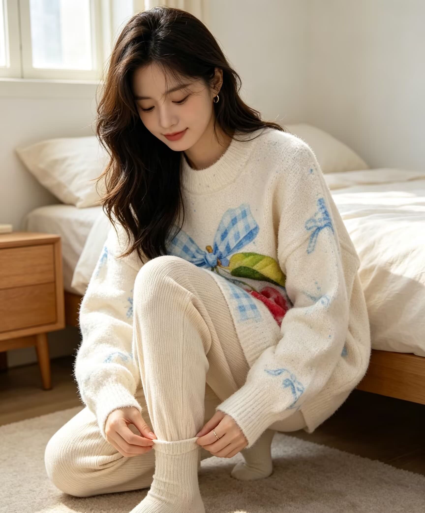 부드러운 찹쌀 그라데이션 체리 프린트 모헤어 풀오버 수 있습니다. 소금 수 있습니다. 달콤한 루즈핏 캐주얼 니트 스웨터 스웨터 이미지 3