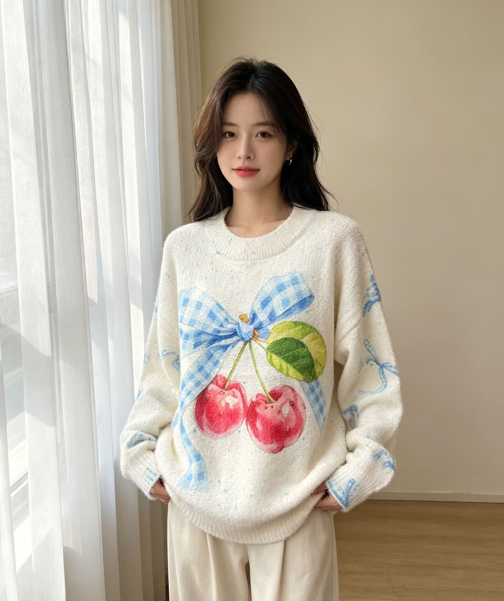 부드러운 찹쌀 그라데이션 체리 프린트 모헤어 풀오버 수 있습니다. 소금 수 있습니다. 달콤한 루즈핏 캐주얼 니트 스웨터 스웨터 이미지 2