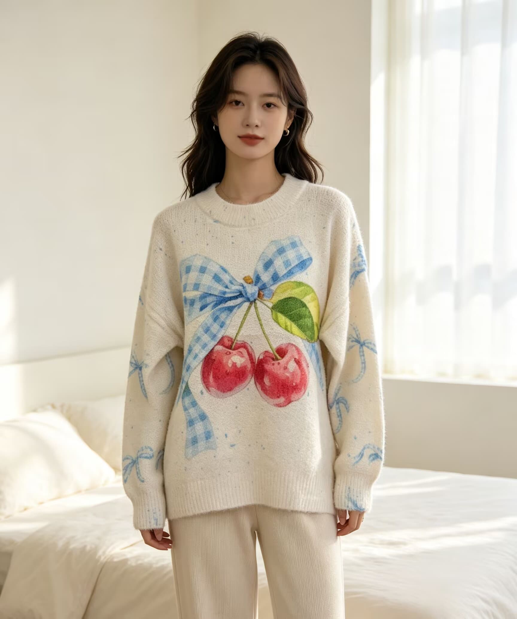 부드러운 찹쌀 그라데이션 체리 프린트 모헤어 풀오버 수 있습니다. 소금 수 있습니다. 달콤한 루즈핏 캐주얼 니트 스웨터 스웨터 상세 이미지 5