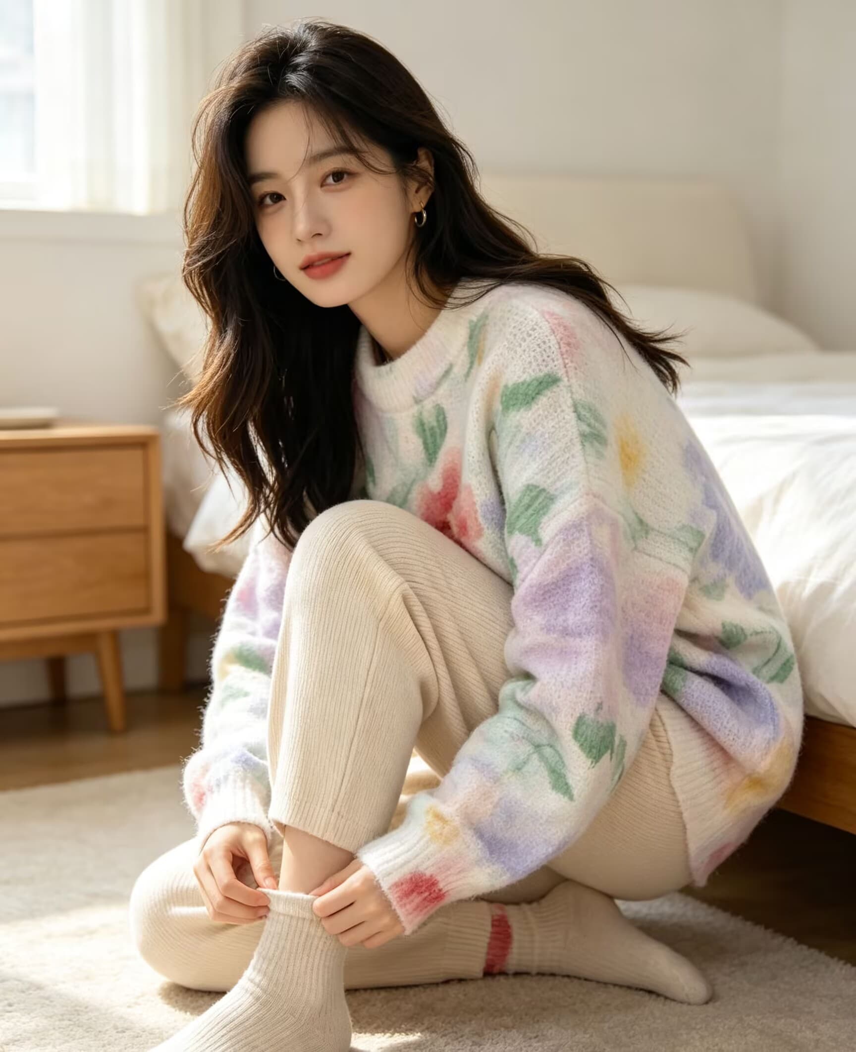 부드러운 찹쌀 그라데이션 프린트 모헤어 풀오버 수 있습니다. 소금 수 있습니다. 달콤한 루즈핏 캐주얼 니트 스웨터 스웨터