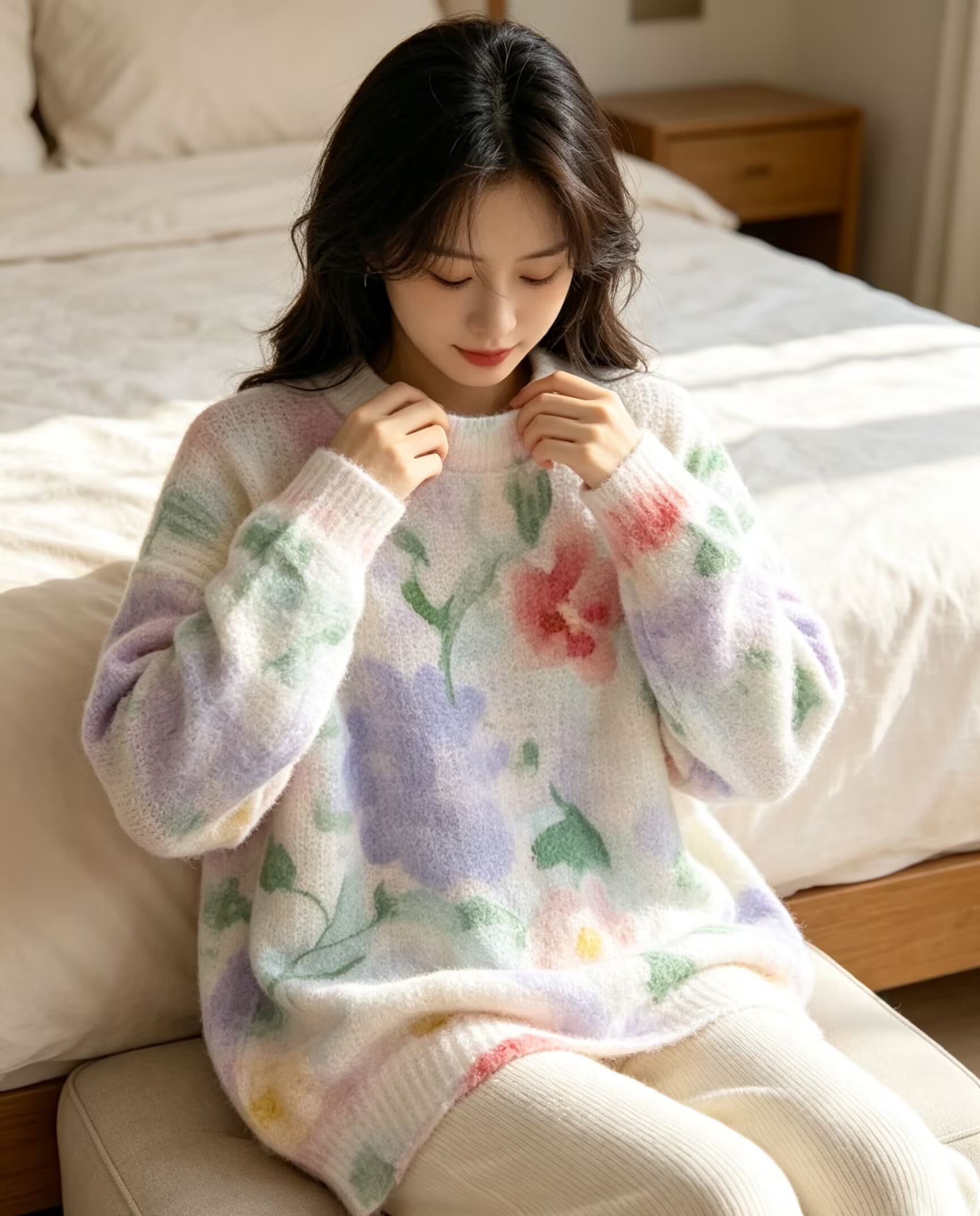 부드러운 찹쌀 그라데이션 프린트 모헤어 풀오버 수 있습니다. 소금 수 있습니다. 달콤한 루즈핏 캐주얼 니트 스웨터 스웨터 상세 이미지 2