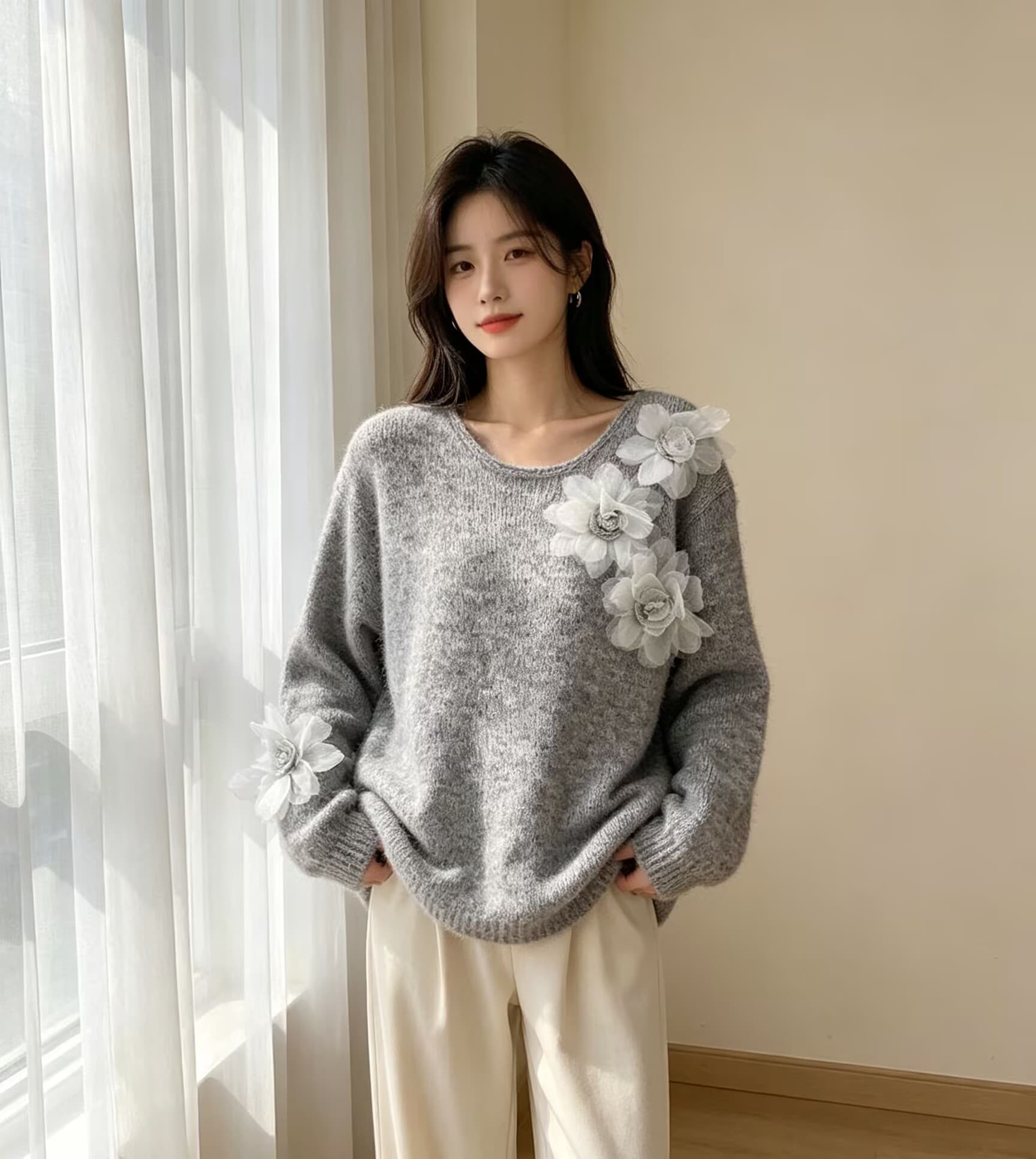 2026 년 가을 프랑스식 무거운 작업 레트로 3 차원 꽃 루즈핏 라운드 넥 니트 스웨터 상세 이미지 3