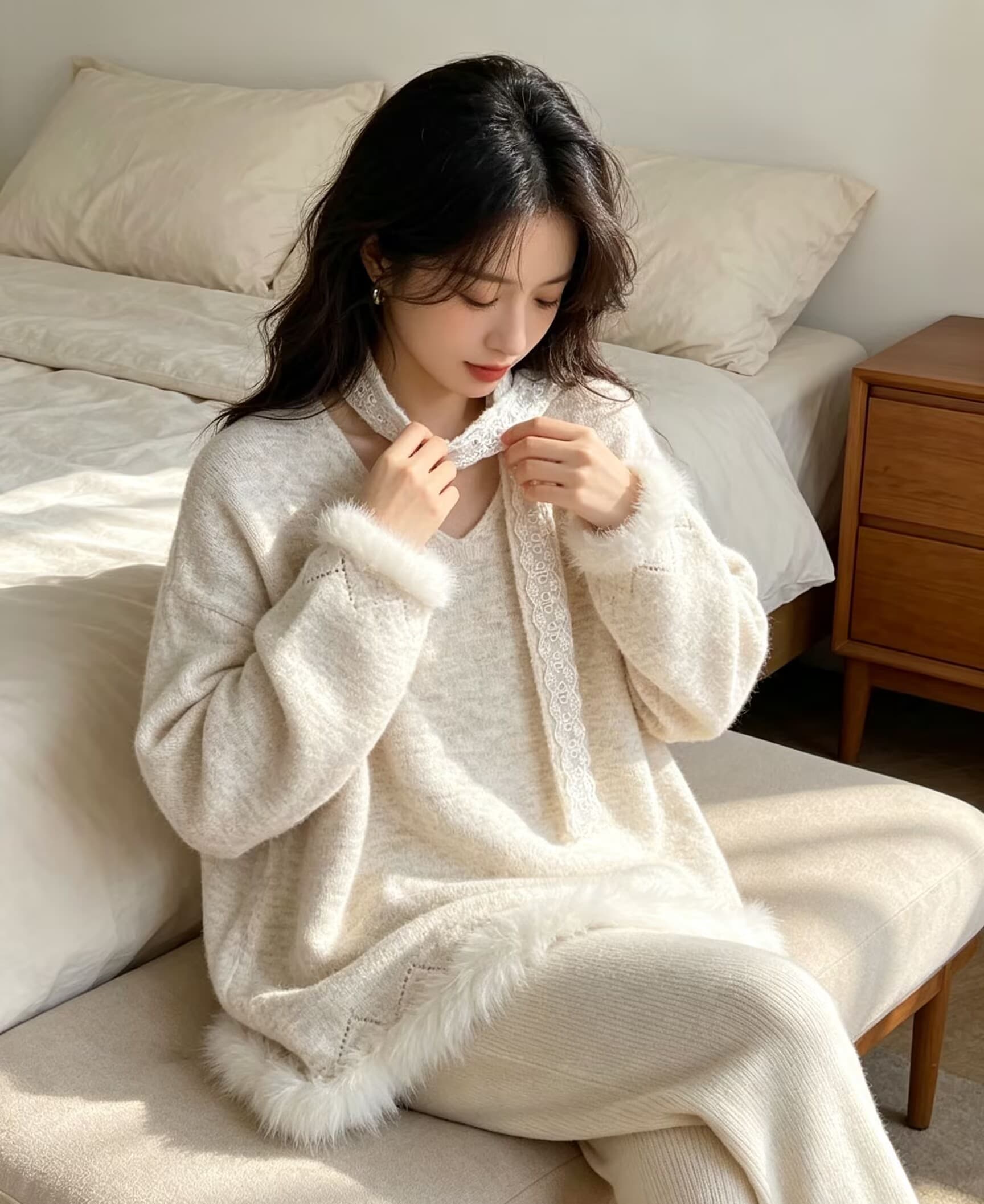 슈퍼 잘 생긴 리본 행침 목 V넥 긴팔 스웨터 여자 2026 가을 빅 사이즈 지방 mm 루즈핏 자이언트 슬림해 보이는 맨위 트렌디