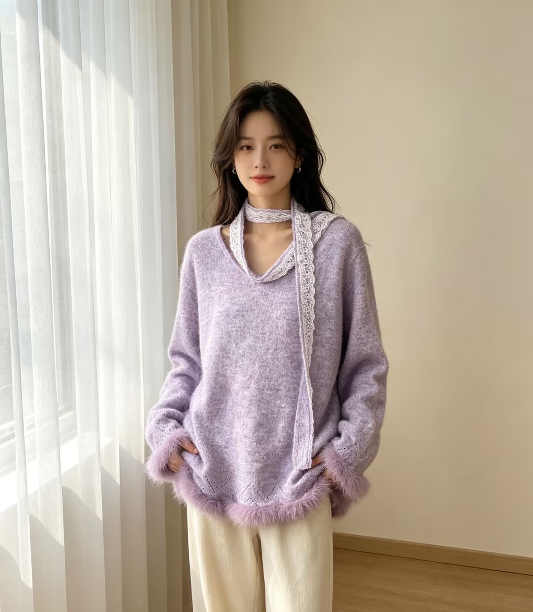 슈퍼 잘 생긴 리본 행침 목 V넥 긴팔 스웨터 여자 2026 가을 빅 사이즈 지방 mm 루즈핏 자이언트 슬림해 보이는 맨위 트렌디 상세 이미지 2
