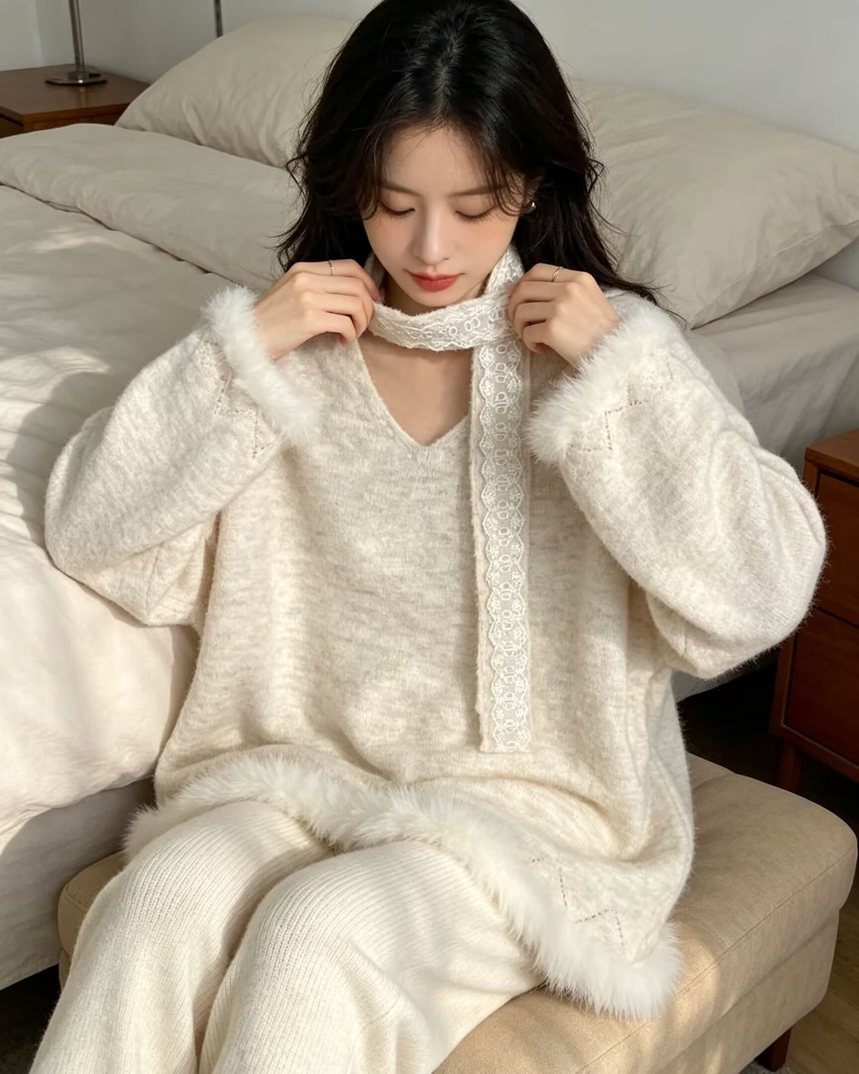 슈퍼 잘 생긴 리본 행침 목 V넥 긴팔 스웨터 여자 2026 가을 빅 사이즈 지방 mm 루즈핏 자이언트 슬림해 보이는 맨위 트렌디 상세 이미지 8