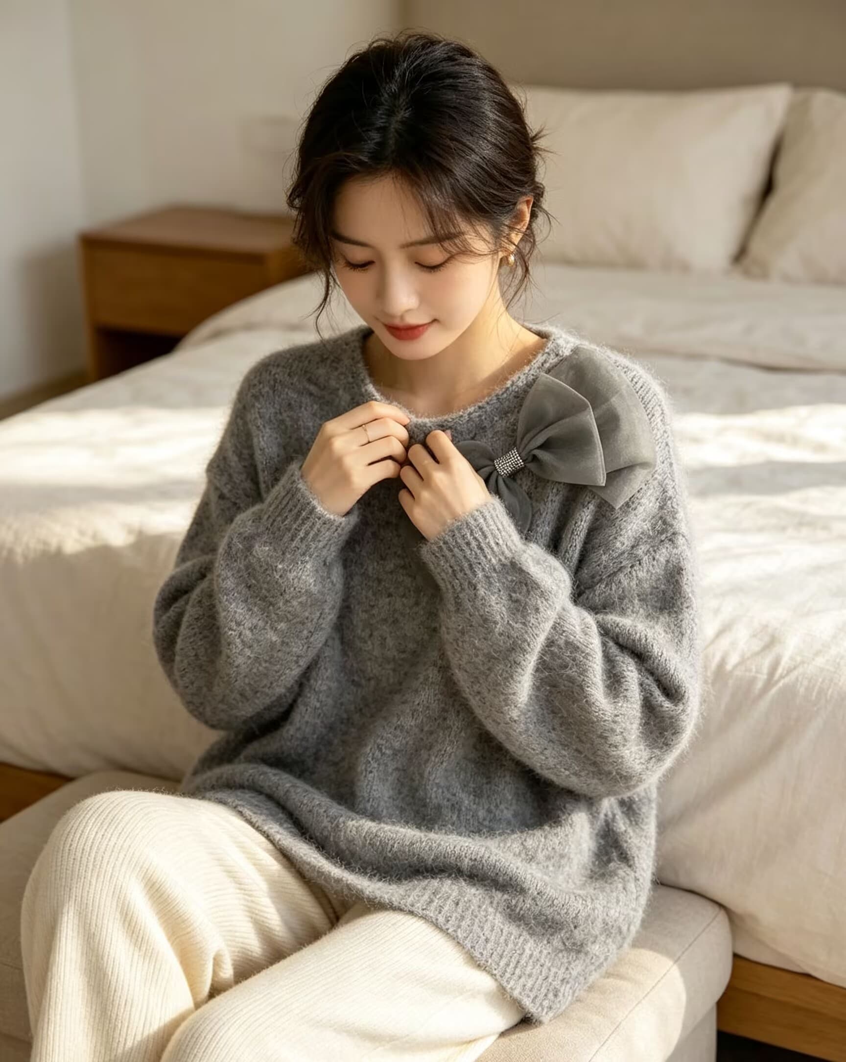슈퍼 잘 생긴 3 차원 나비 매듭 긍정적 인 어깨 스웨터 여자 가을 겨울철 새로운 빅 사이즈 지방 mm 외국 가스 연령 감소 맨위 상세 이미지 7