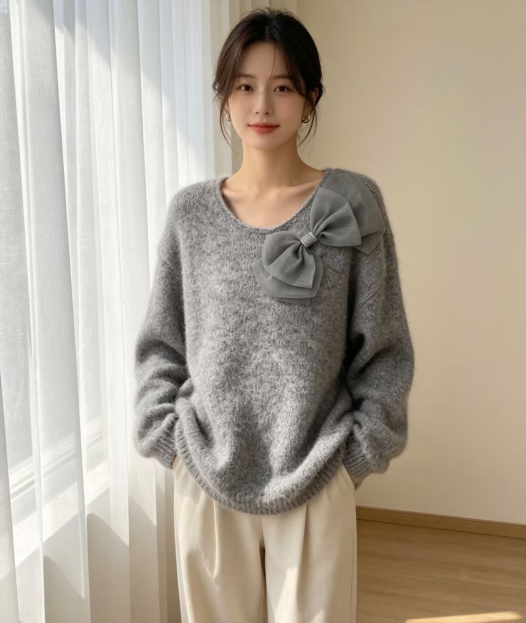 슈퍼 잘 생긴 3 차원 나비 매듭 긍정적 인 어깨 스웨터 여자 가을 겨울철 새로운 빅 사이즈 지방 mm 외국 가스 연령 감소 맨위 상세 이미지 8