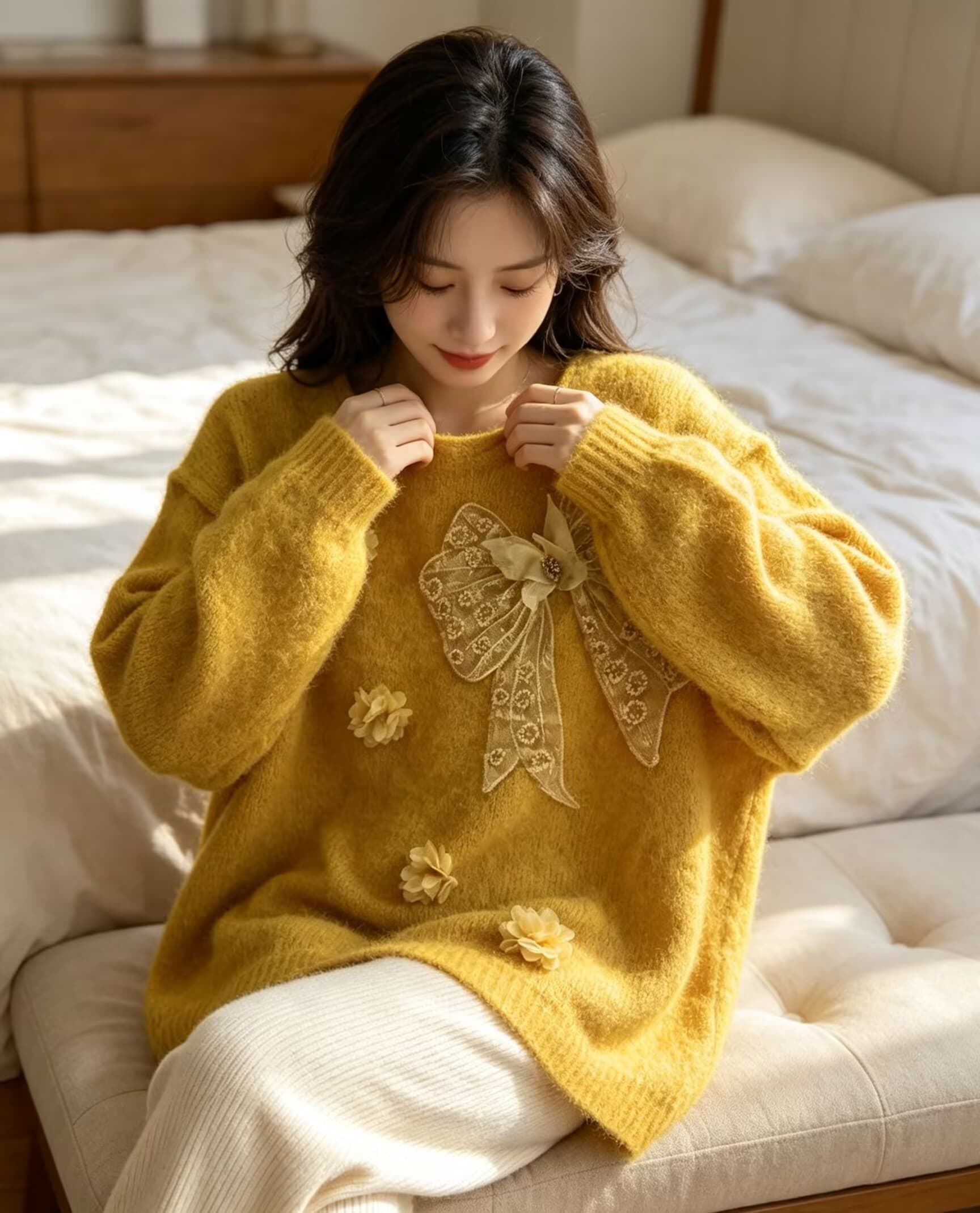 나비 매듭 자수 비즈 박기 라운드 넥 니트 스웨터 가을 겨울 한국 스타일 슬림해 보이는 무거운 작업 꽃 다이아몬드 세팅 긴팔 스웨터 상세 이미지 1