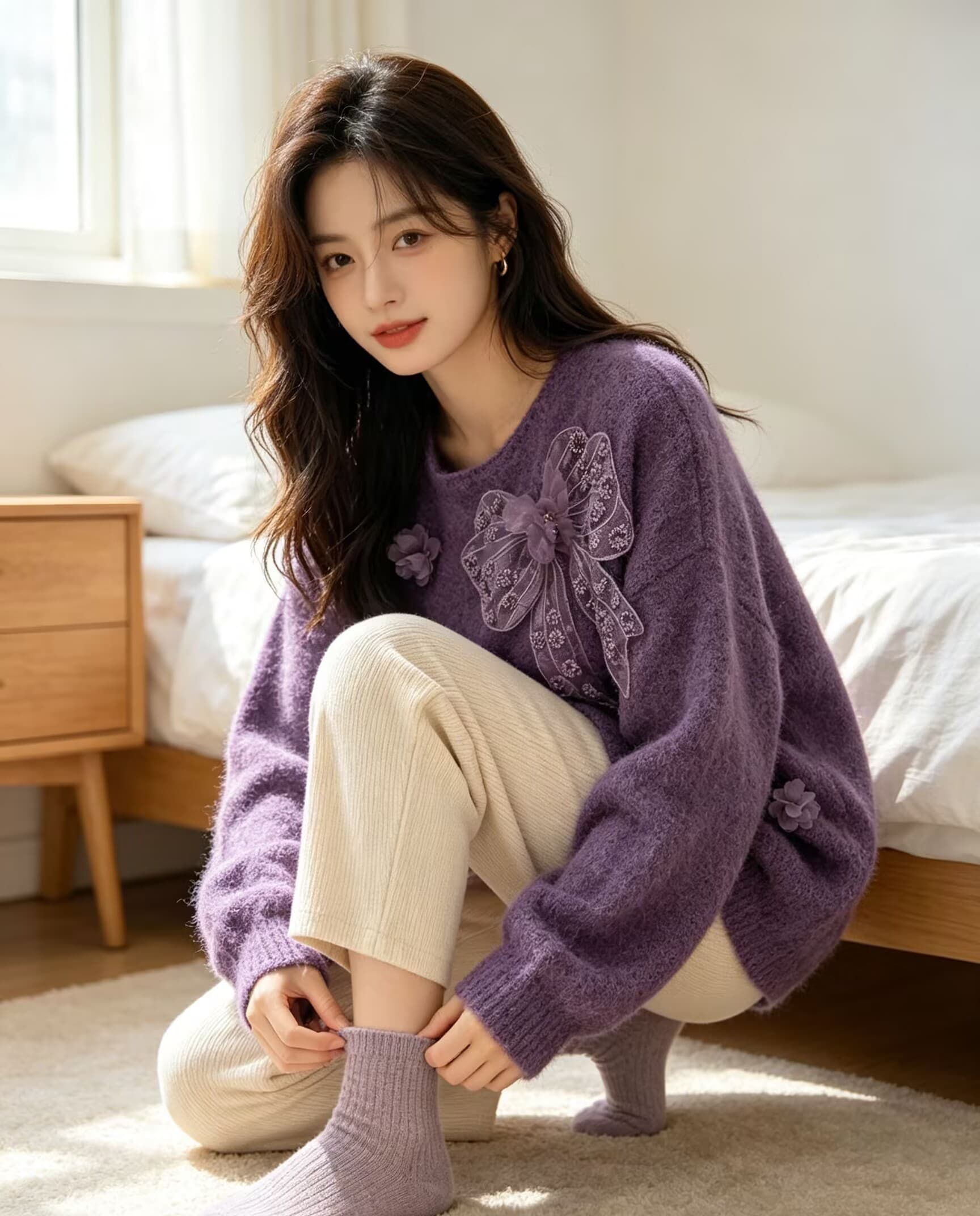 나비 매듭 자수 비즈 박기 라운드 넥 니트 스웨터 가을 겨울 한국 스타일 슬림해 보이는 무거운 작업 꽃 다이아몬드 세팅 긴팔 스웨터 상세 이미지 6