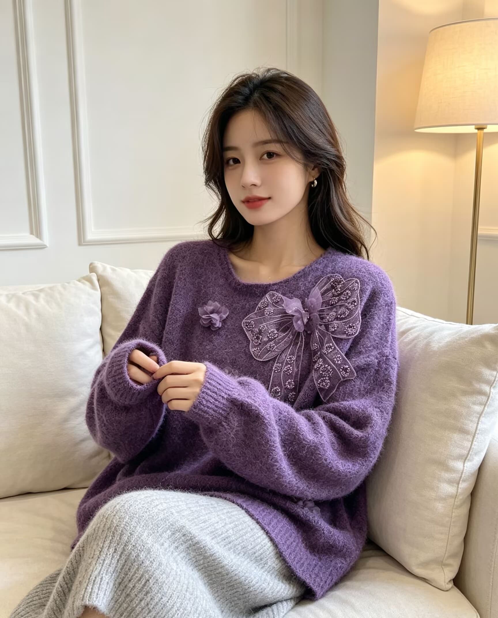 나비 매듭 자수 비즈 박기 라운드 넥 니트 스웨터 가을 겨울 한국 스타일 슬림해 보이는 무거운 작업 꽃 다이아몬드 세팅 긴팔 스웨터 상세 이미지 9
