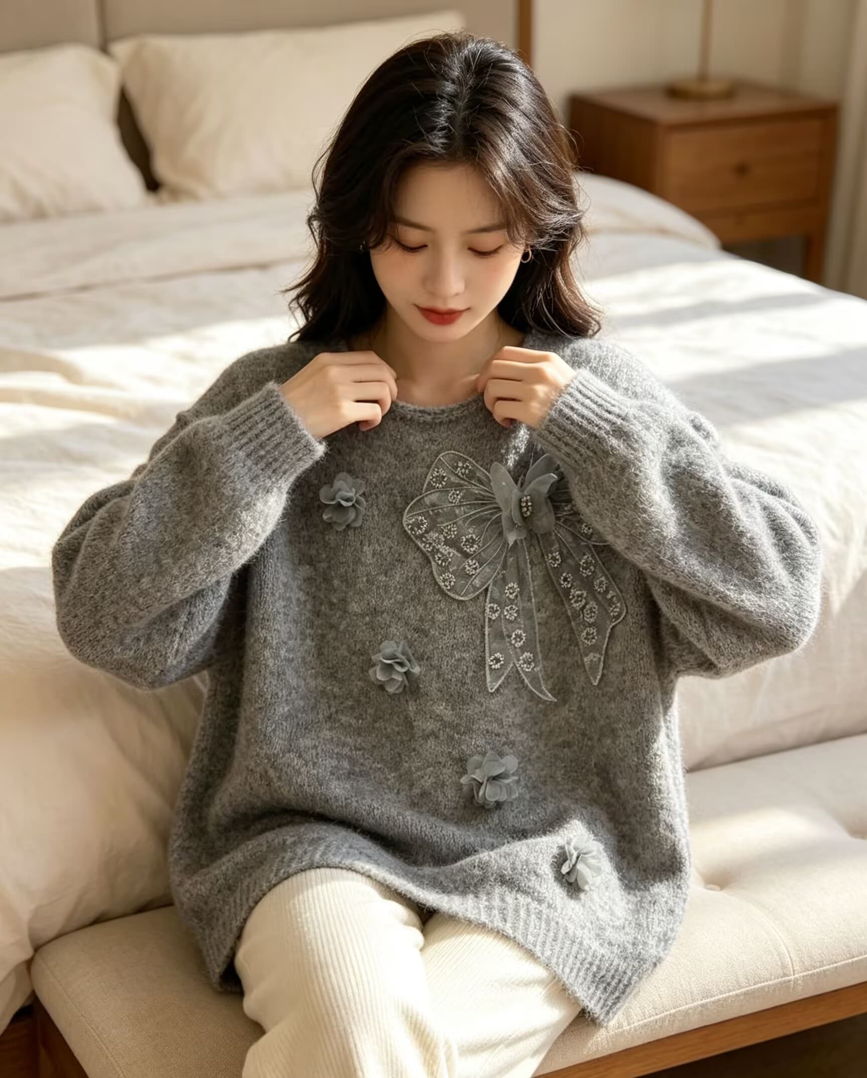 나비 매듭 자수 비즈 박기 라운드 넥 니트 스웨터 가을 겨울 한국 스타일 슬림해 보이는 무거운 작업 꽃 다이아몬드 세팅 긴팔 스웨터 상세 이미지 12