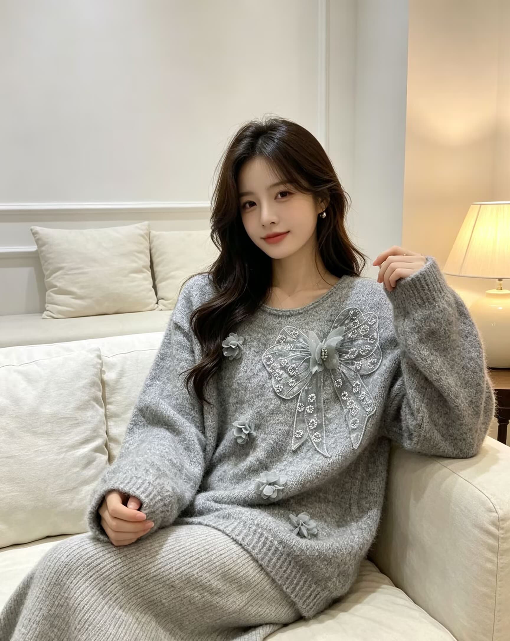 나비 매듭 자수 비즈 박기 라운드 넥 니트 스웨터 가을 겨울 한국 스타일 슬림해 보이는 무거운 작업 꽃 다이아몬드 세팅 긴팔 스웨터 상세 이미지 14