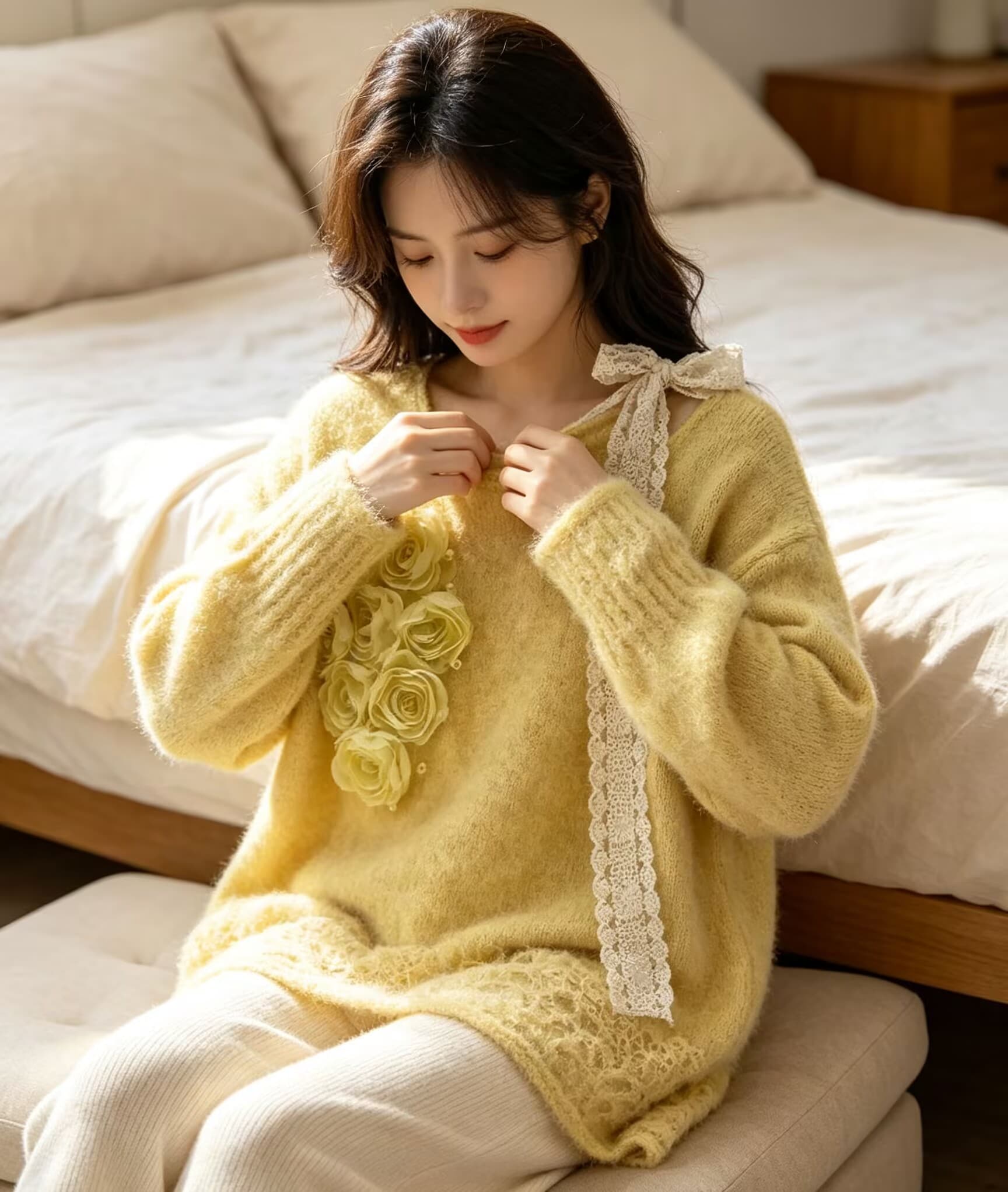 프랑스식 우아함 오프숄더 레이스업 무거운 작업 꽃 풀오버 니트 스웨터 달콤함 품격 다용도 스웨터 여자 상세 이미지 2