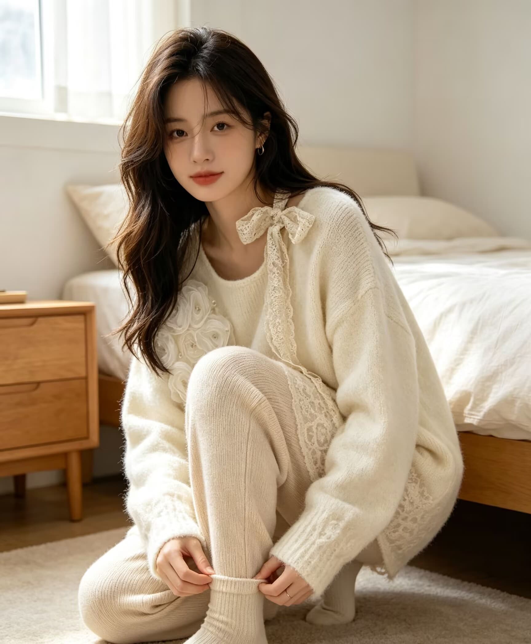 프랑스식 우아함 오프숄더 레이스업 무거운 작업 꽃 풀오버 니트 스웨터 달콤함 품격 다용도 스웨터 여자 상세 이미지 6