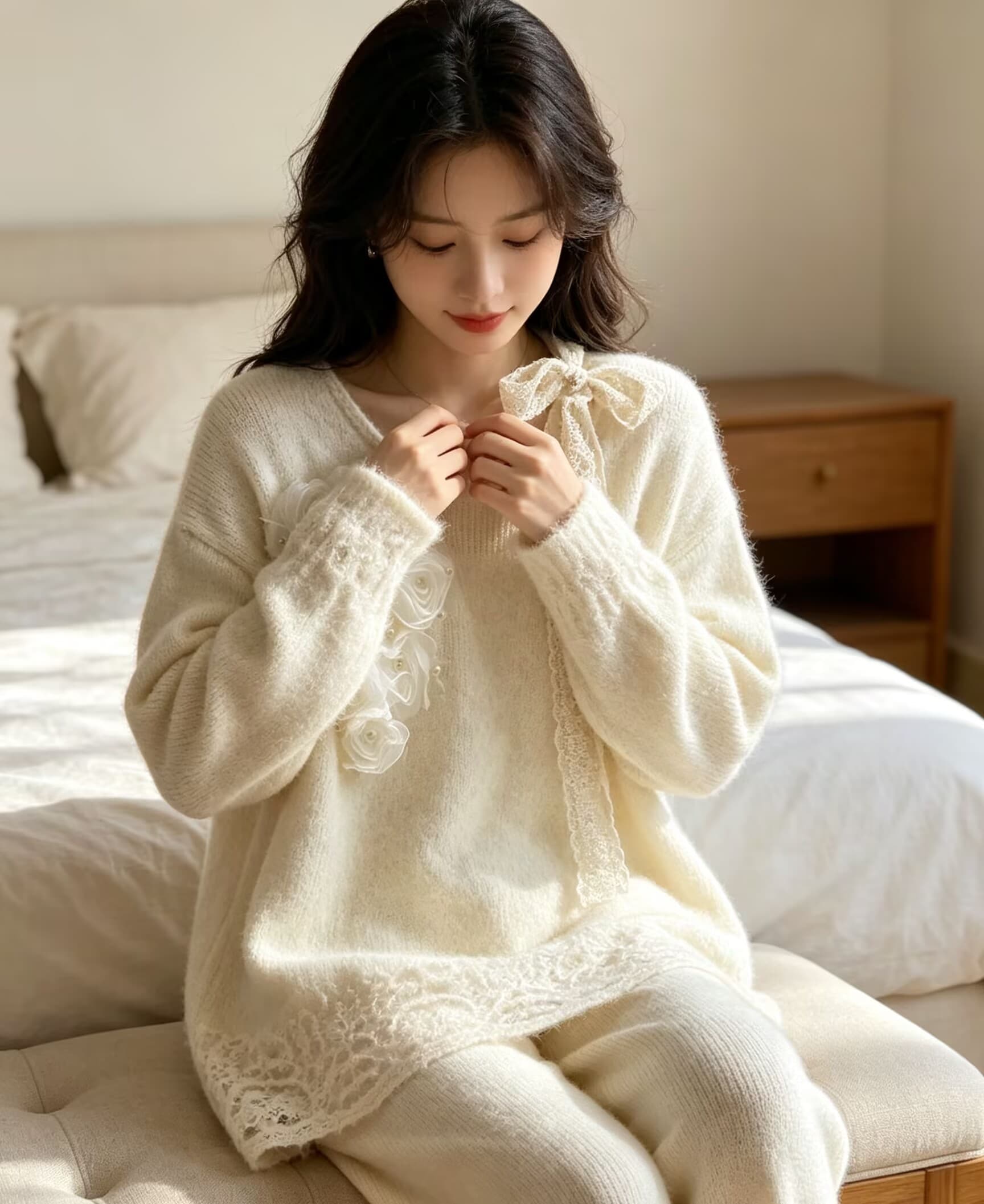 프랑스식 우아함 오프숄더 레이스업 무거운 작업 꽃 풀오버 니트 스웨터 달콤함 품격 다용도 스웨터 여자 상세 이미지 7