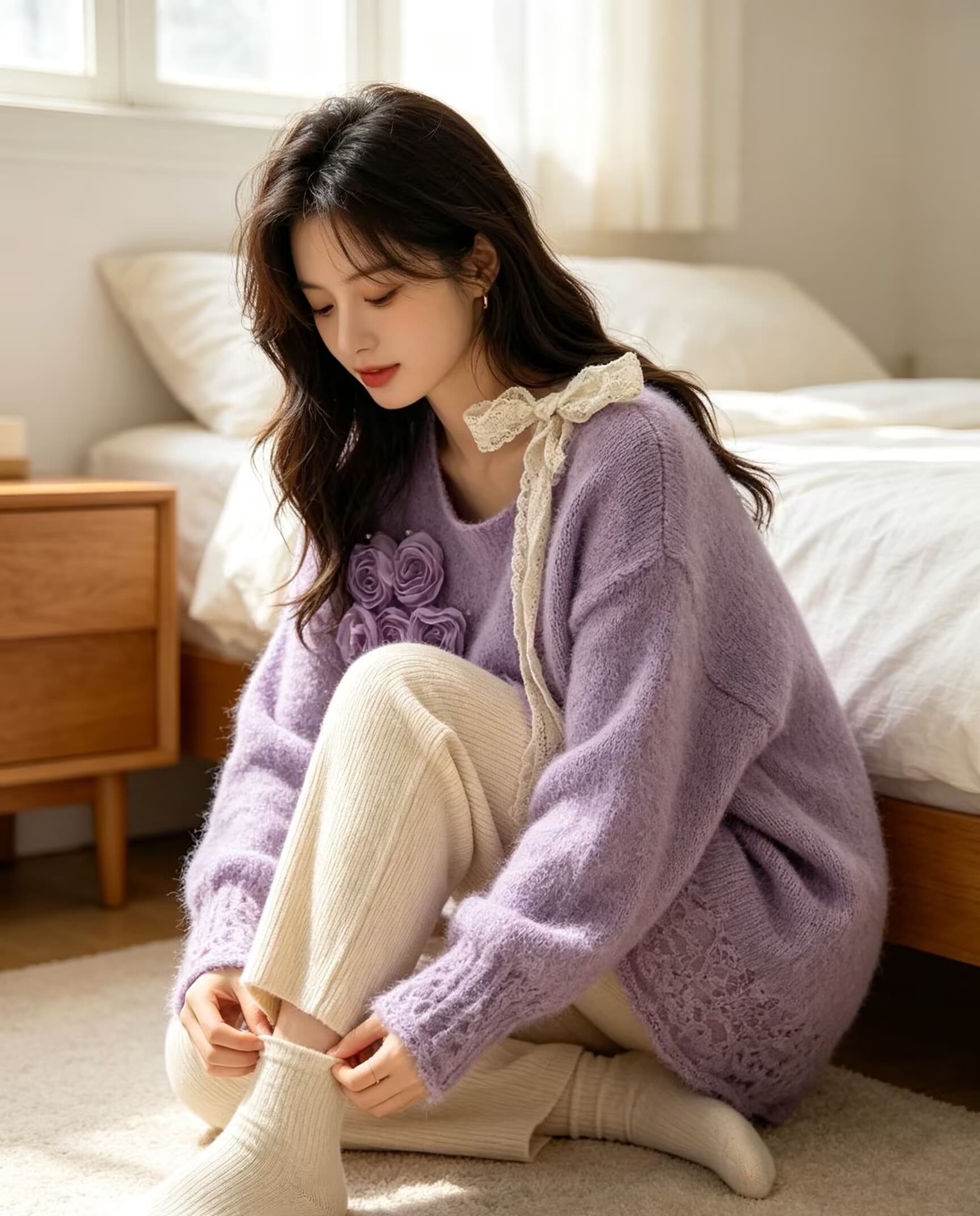 프랑스식 우아함 오프숄더 레이스업 무거운 작업 꽃 풀오버 니트 스웨터 달콤함 품격 다용도 스웨터 여자 상세 이미지 11