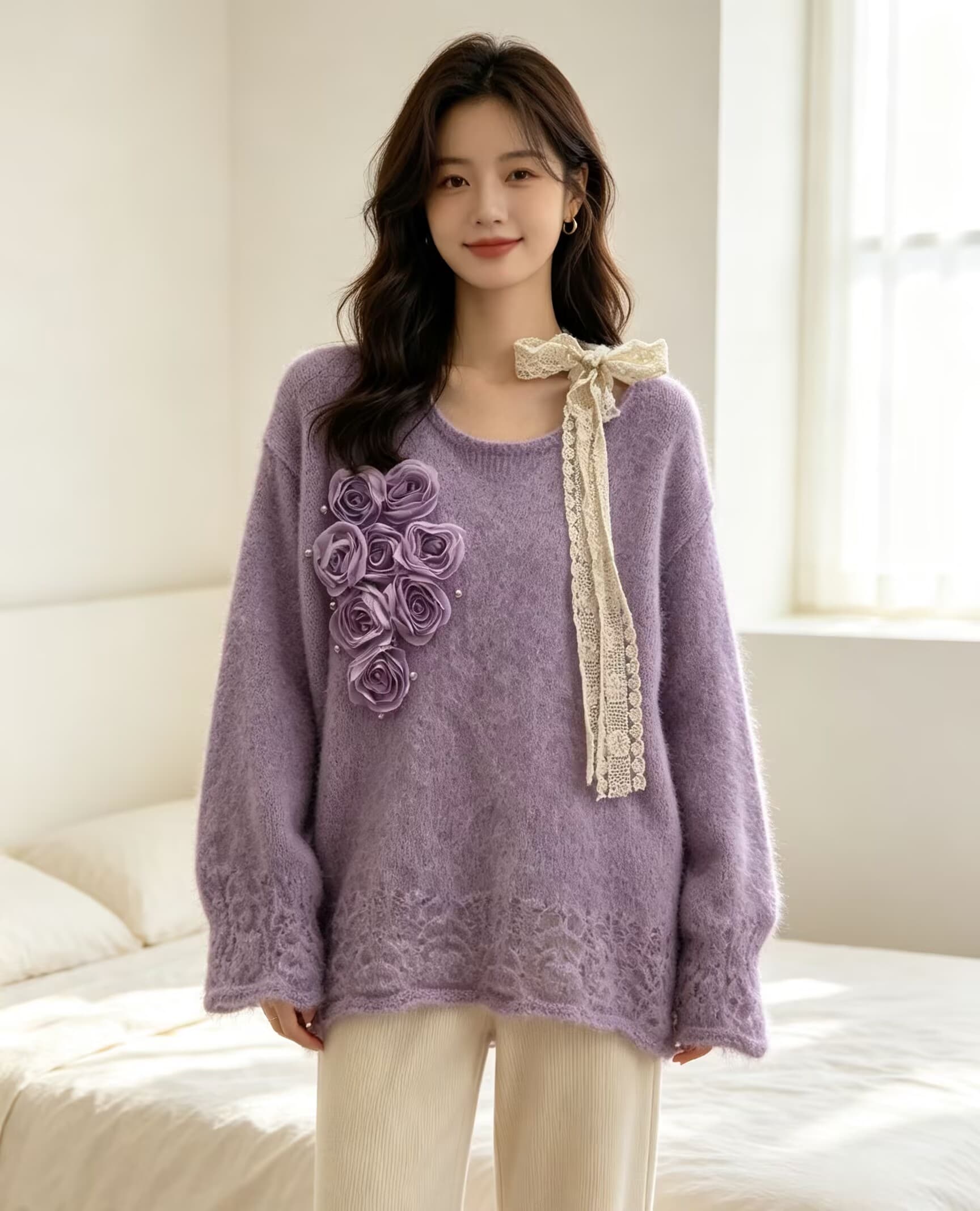프랑스식 우아함 오프숄더 레이스업 무거운 작업 꽃 풀오버 니트 스웨터 달콤함 품격 다용도 스웨터 여자 상세 이미지 15