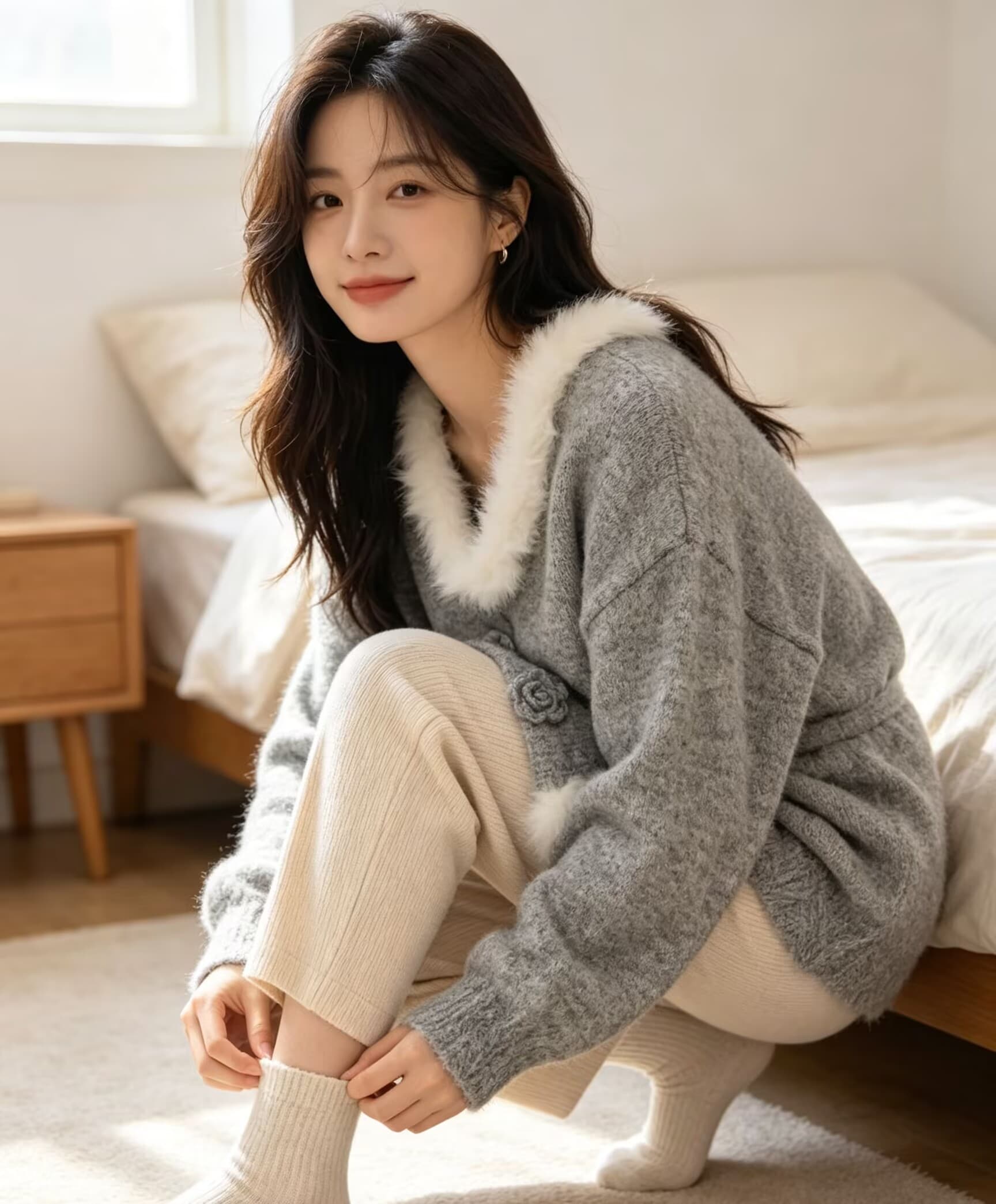 슈퍼 잘 생긴 수달 털 V넥 스웨터 여자 가을 겨울 빅 사이즈 지방 mm 루즈핏 느긋한 3 차원 꽃 니트 스웨터 맨위 상세 이미지 5