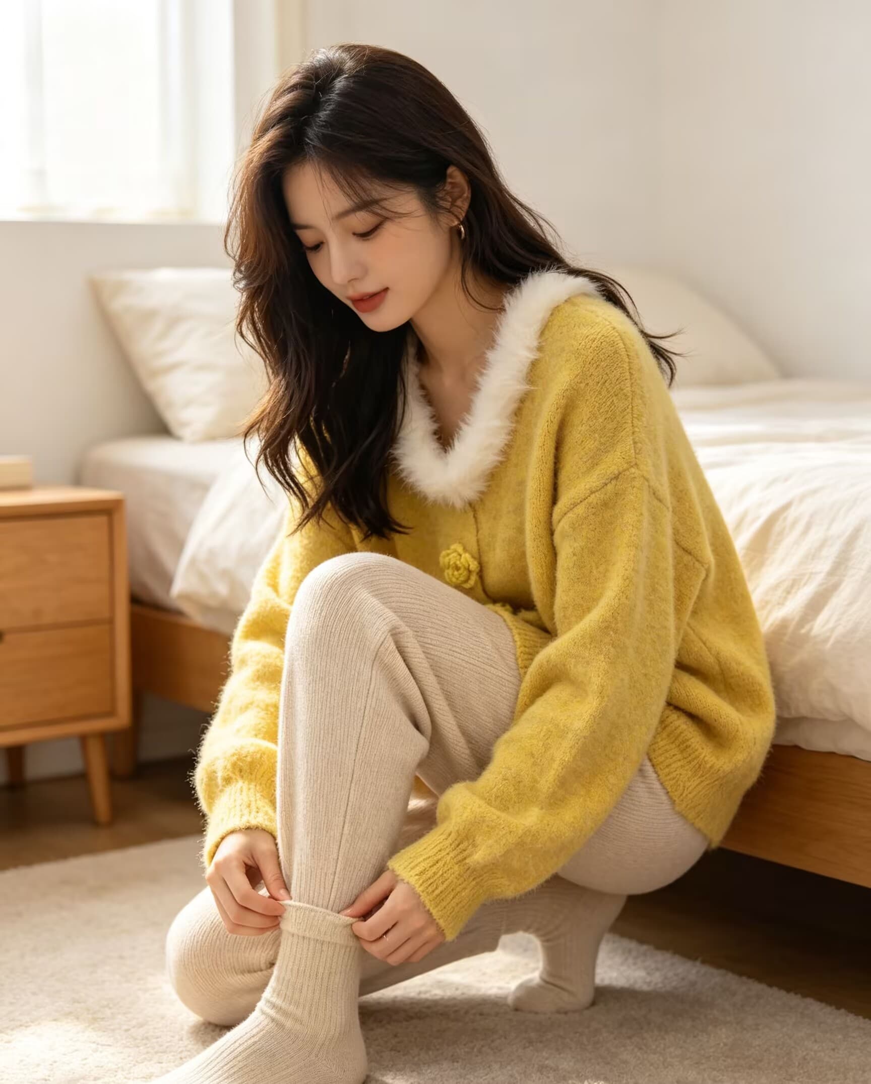 슈퍼 잘 생긴 수달 털 V넥 스웨터 여자 가을 겨울 빅 사이즈 지방 mm 루즈핏 느긋한 3 차원 꽃 니트 스웨터 맨위 상세 이미지 12