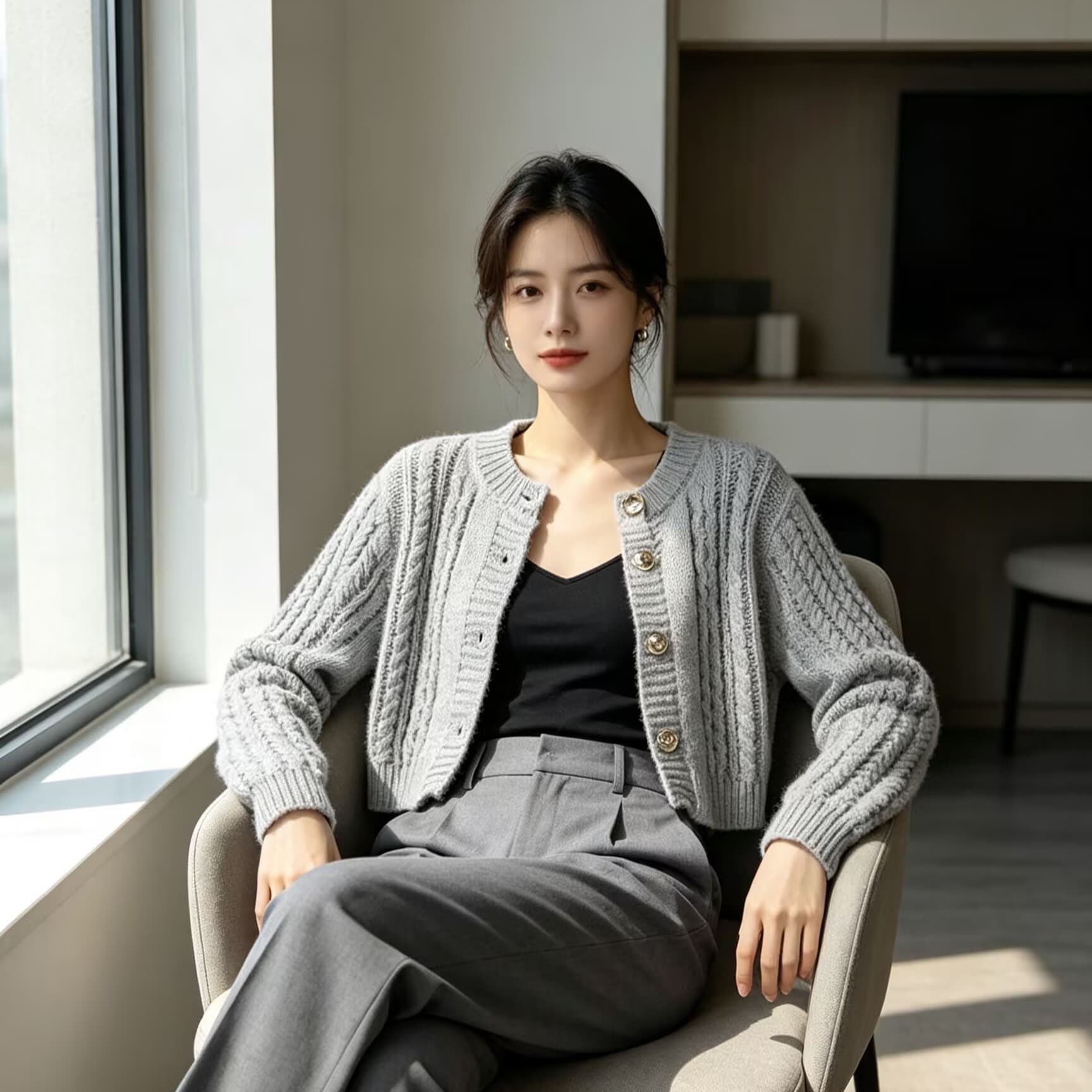 한국 동대문 구매 겨울 패션 부서 버클 쇼트 스타일 니트 오픈 가디건 이미지 5