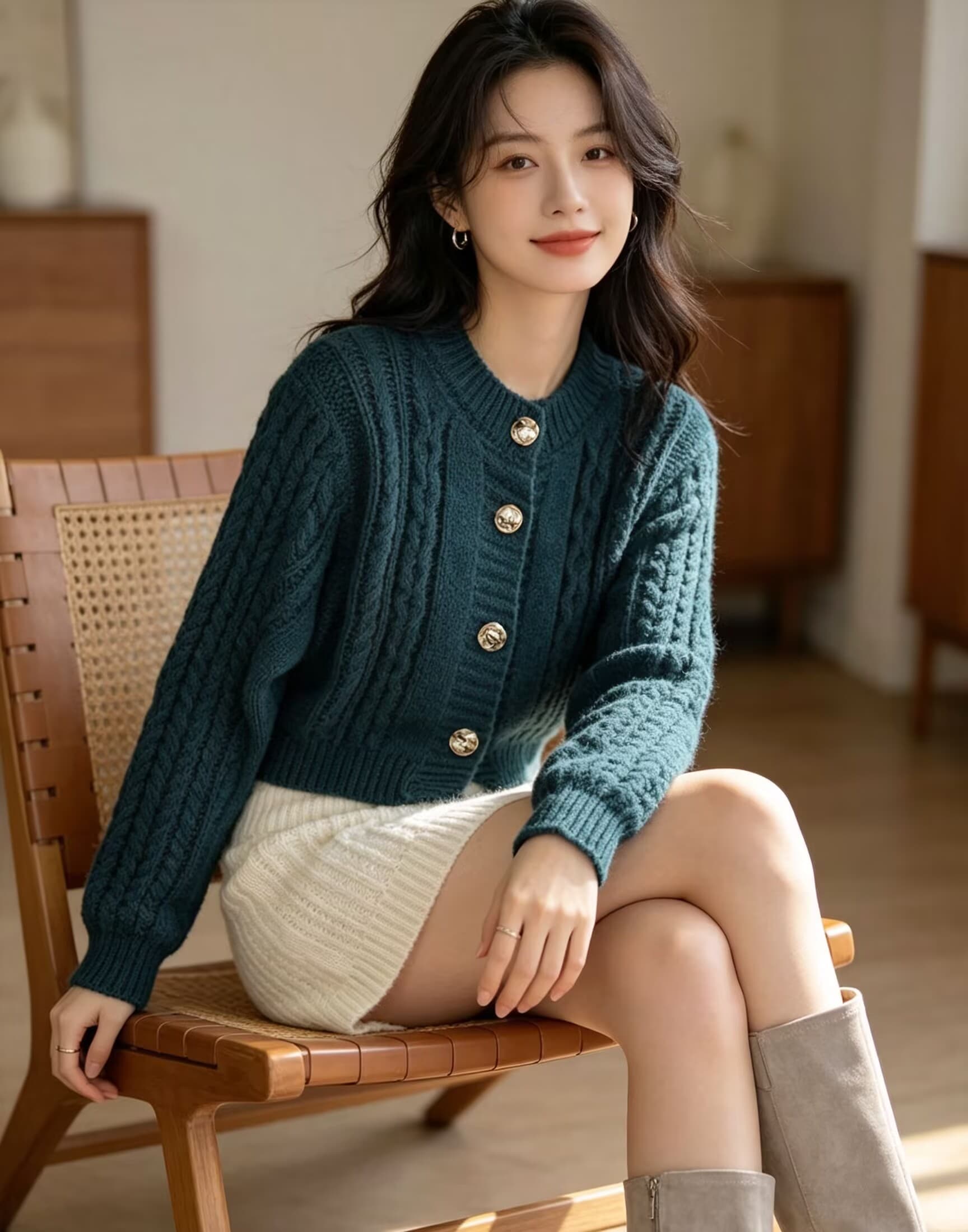 한국 동대문 구매 겨울 패션 부서 버클 쇼트 스타일 니트 오픈 가디건 상세 이미지 6
