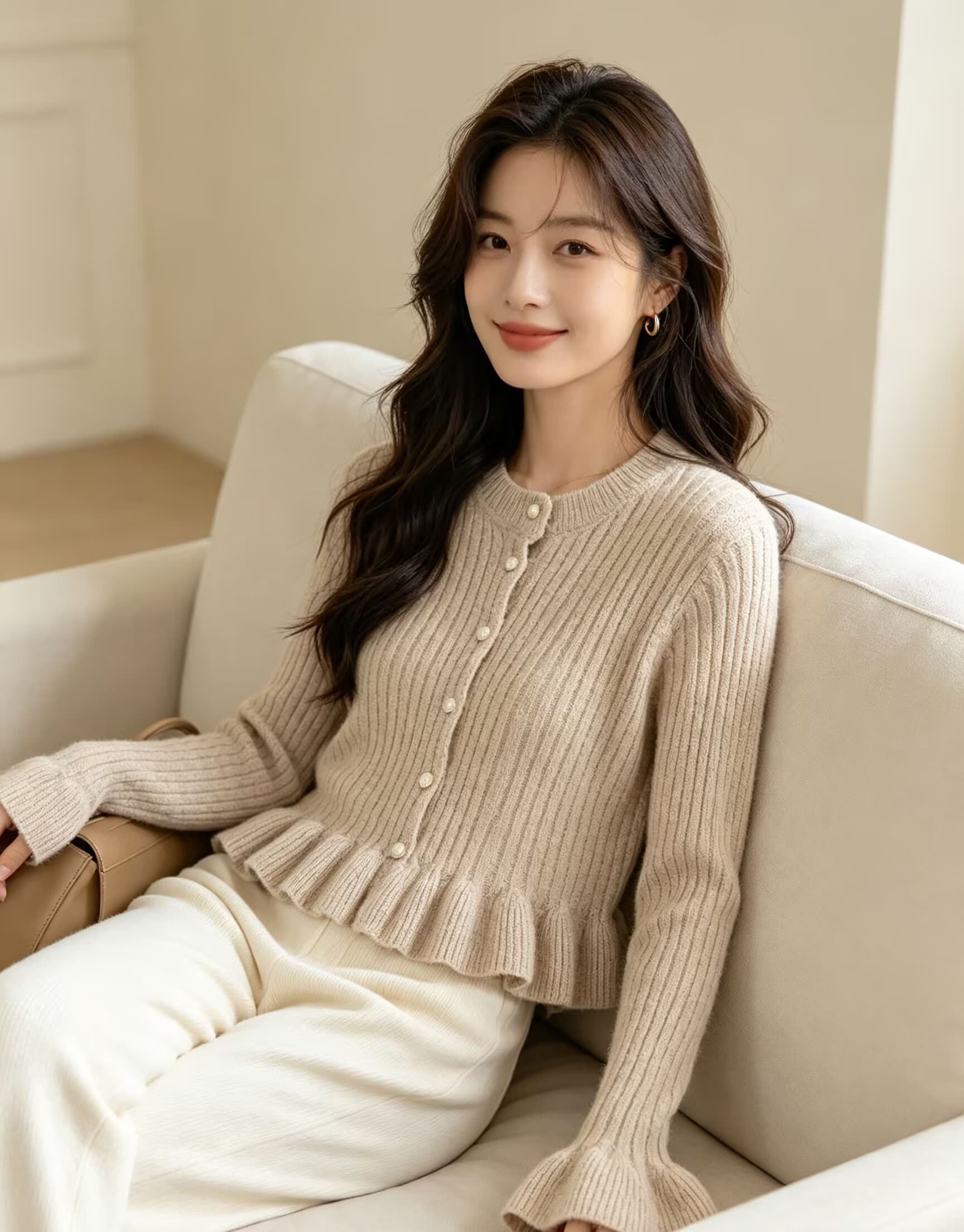 프릴 니트 오픈 가디건 스웨터 여성 의류 봄 가을 새로운 라운드 넥 재킷 상세 이미지 7