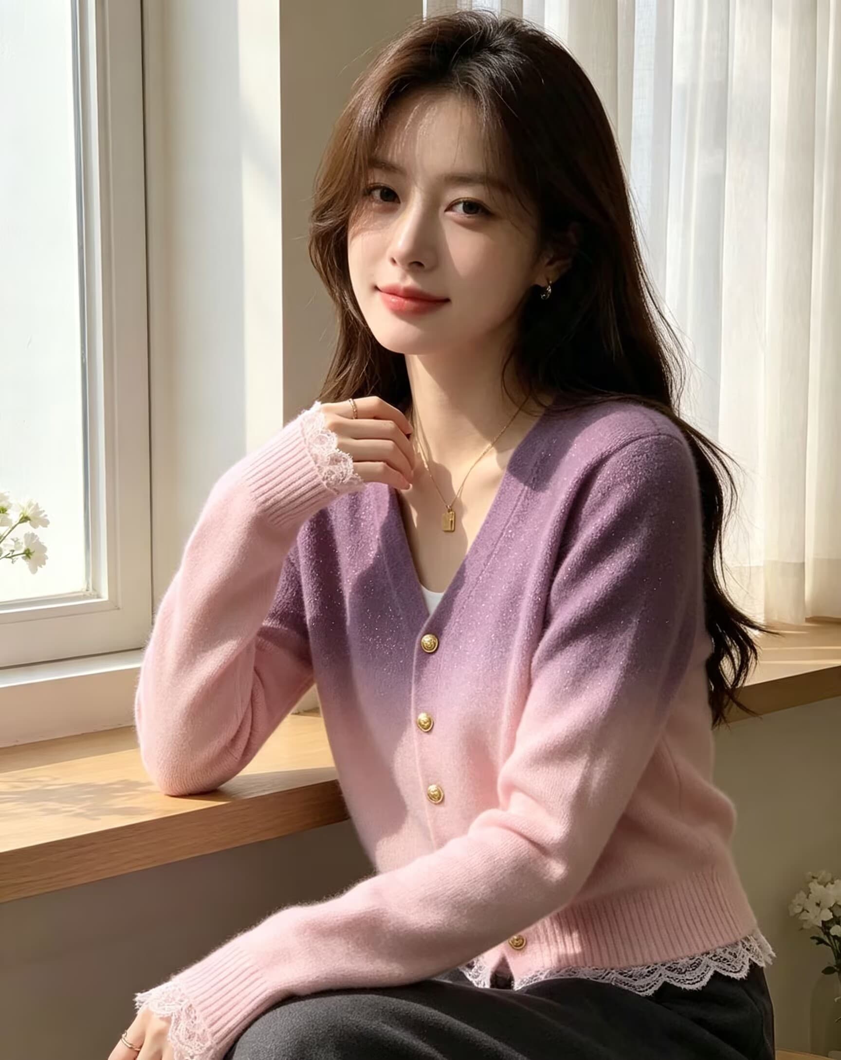 유럽 상품 고급 보라색 분말 그라데이션 플래시 조각 빅 사이즈 맨위 여성 2026 이른 가을 새로운 V넥 황금 테두리 단추 오픈 가디건 상세 이미지 6