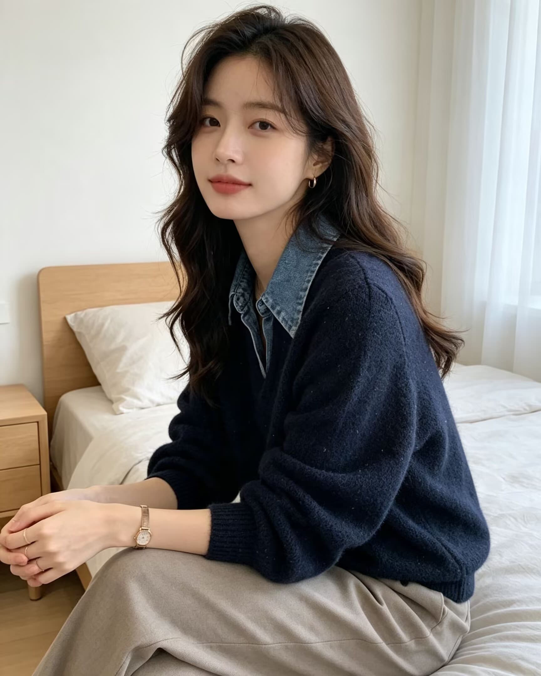 데님 폴로 칼라 페이크 레이어드 니트 스웨터 여성 겨울 새로운 스팽글 부드러운 찹쌀 품격 스웨터 이미지 4
