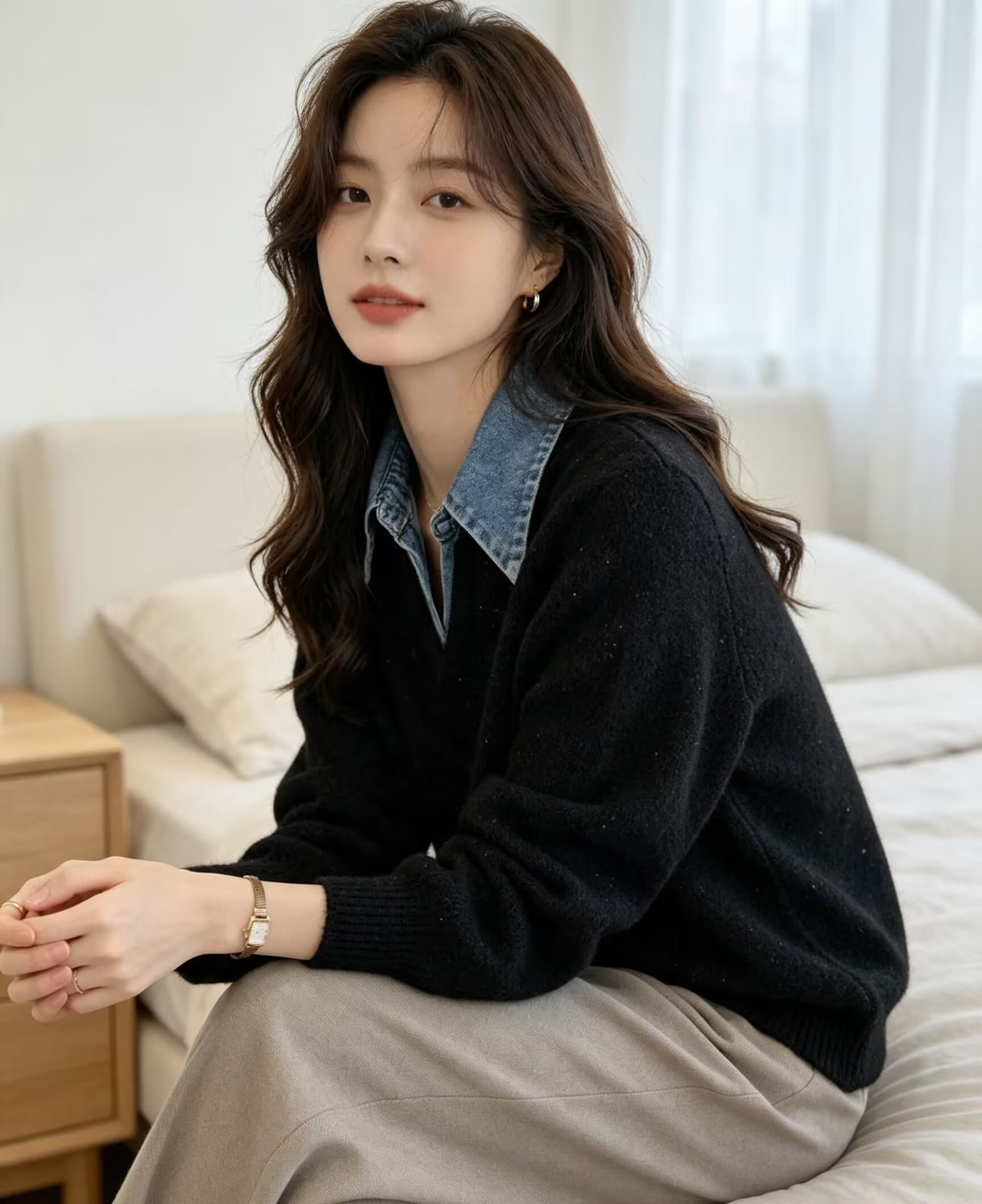 데님 폴로 칼라 페이크 레이어드 니트 스웨터 여성 겨울 새로운 스팽글 부드러운 찹쌀 품격 스웨터 상세 이미지 11