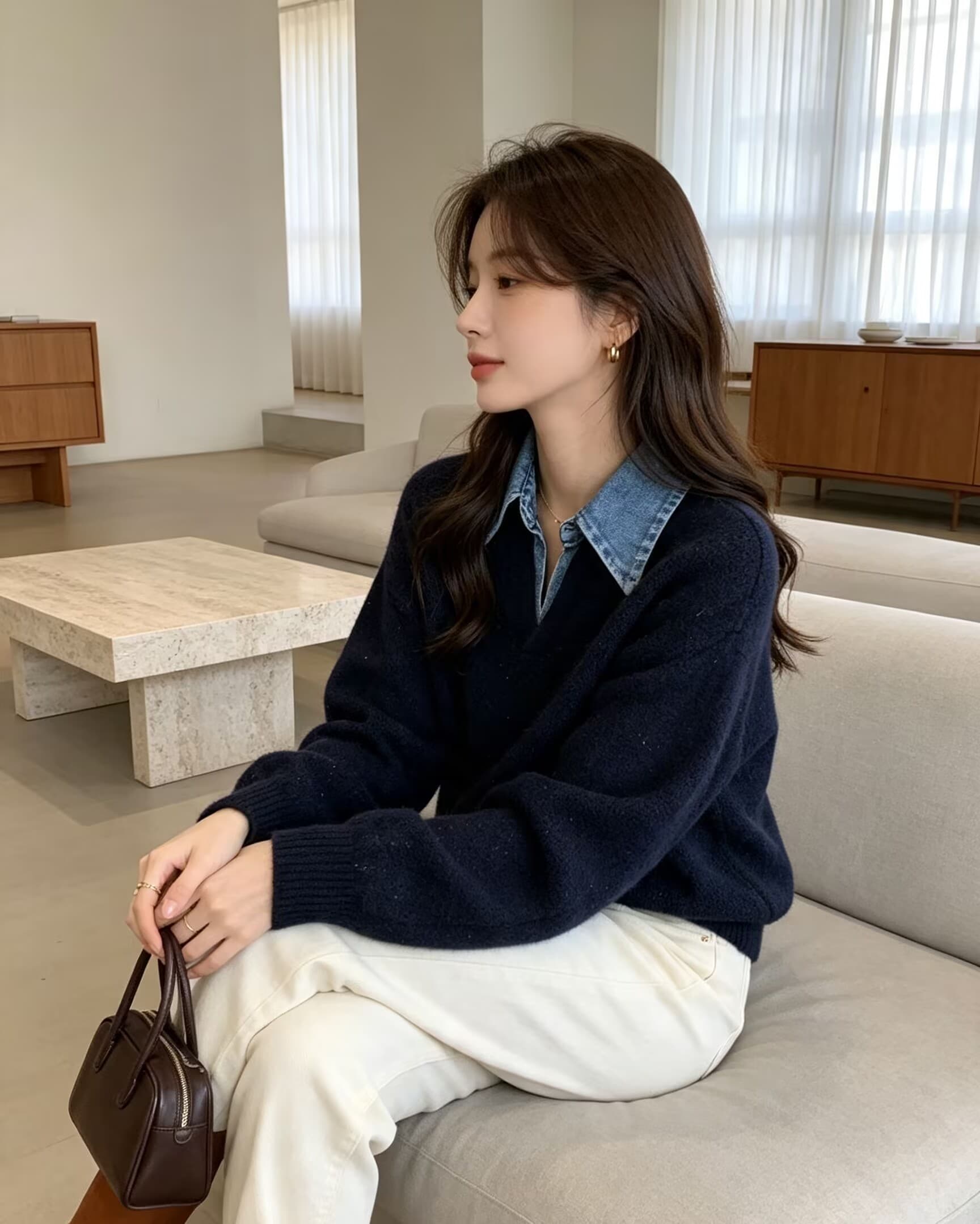 데님 폴로 칼라 페이크 레이어드 니트 스웨터 여성 겨울 새로운 스팽글 부드러운 찹쌀 품격 스웨터 상세 이미지 17