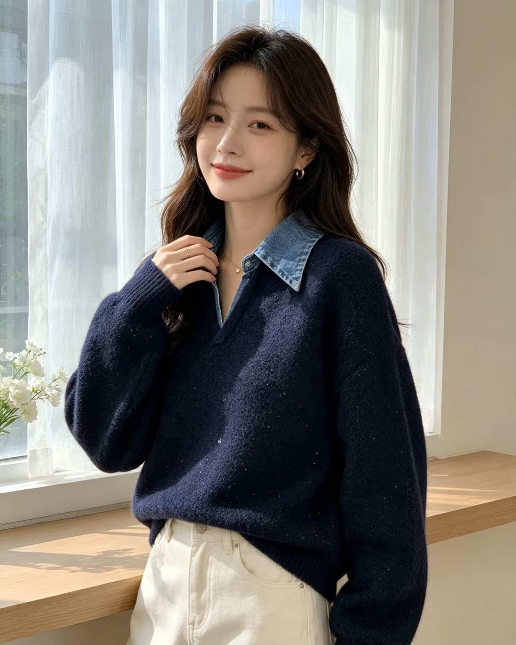 데님 폴로 칼라 페이크 레이어드 니트 스웨터 여성 겨울 새로운 스팽글 부드러운 찹쌀 품격 스웨터 상세 이미지 18