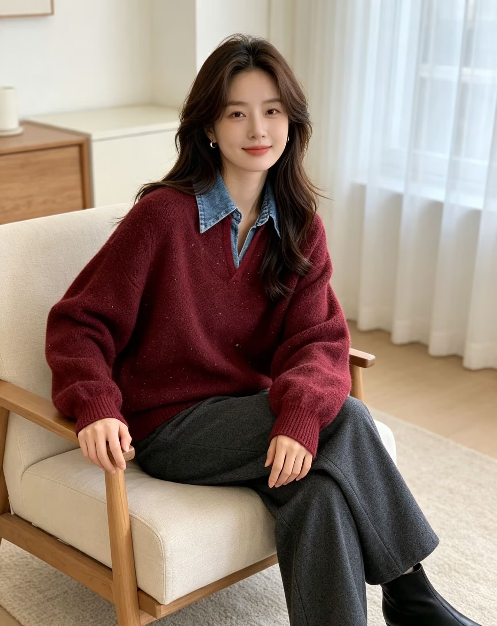 데님 폴로 칼라 페이크 레이어드 니트 스웨터 여성 겨울 새로운 스팽글 부드러운 찹쌀 품격 스웨터 상세 이미지 22