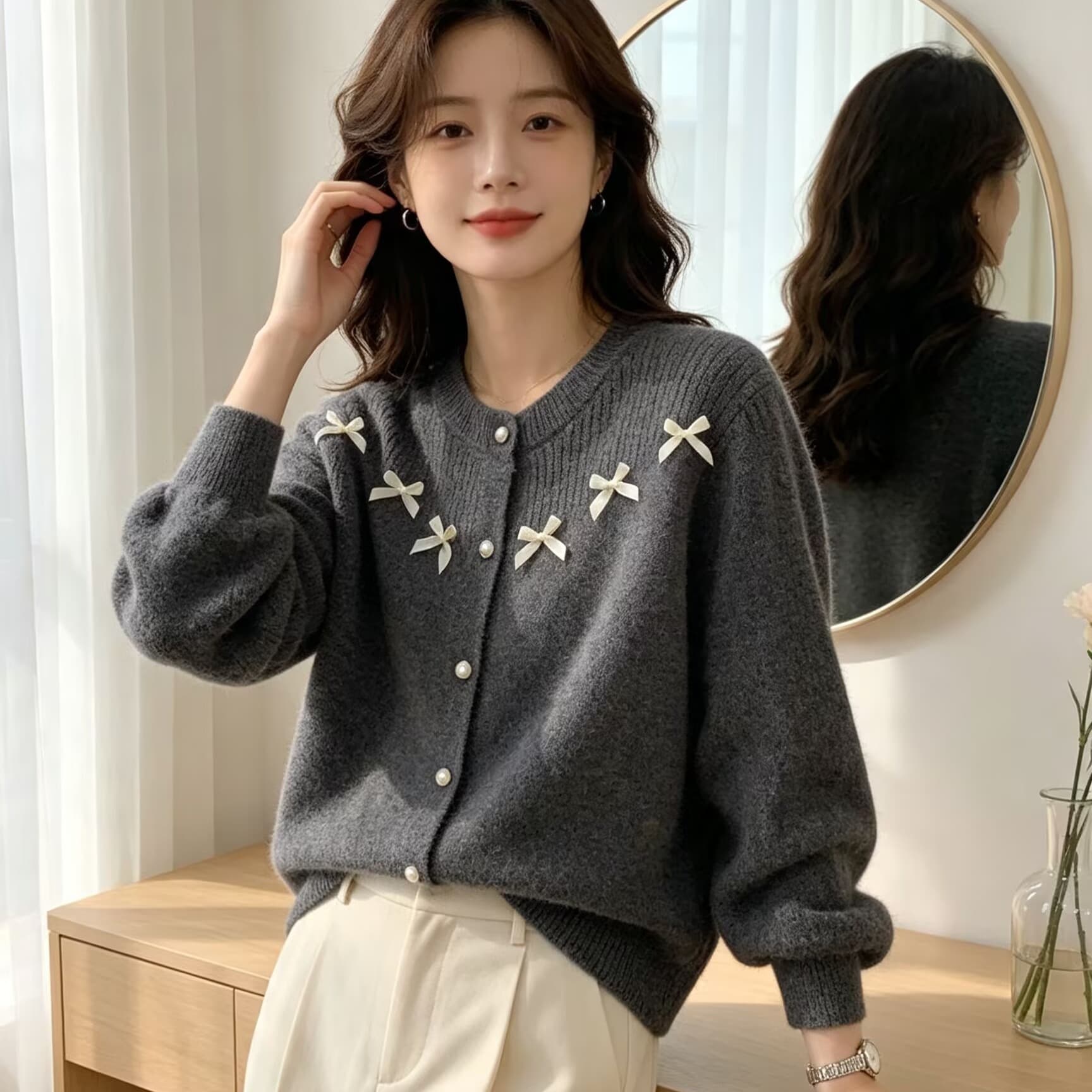 2026 가을 새로운 신년 달콤함 진주 광택 실 나비 매듭 라운드 넥 빨간색 스웨터 니트 오픈 가디건 이미지 5