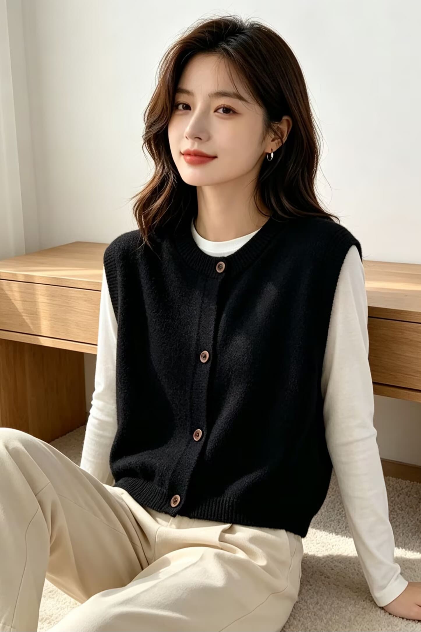 라운드 넥 단색 니트 베스트 여성 겨울 루즈핏 스택 착용 싱글 줄 버튼 민소매 스웨터 조끼 이미지 6
