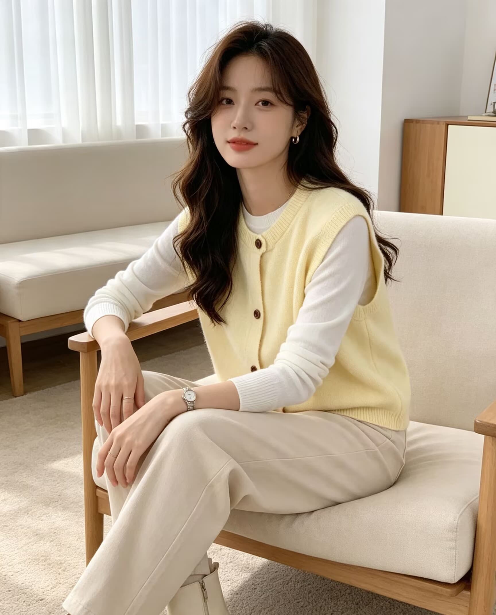 라운드 넥 단색 니트 베스트 여성 겨울 루즈핏 스택 착용 싱글 줄 버튼 민소매 스웨터 조끼 상세 이미지 14