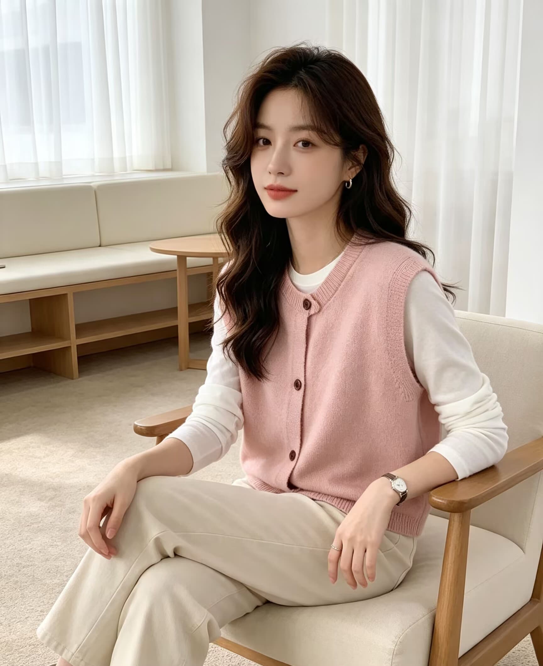 라운드 넥 단색 니트 베스트 여성 겨울 루즈핏 스택 착용 싱글 줄 버튼 민소매 스웨터 조끼 상세 이미지 18