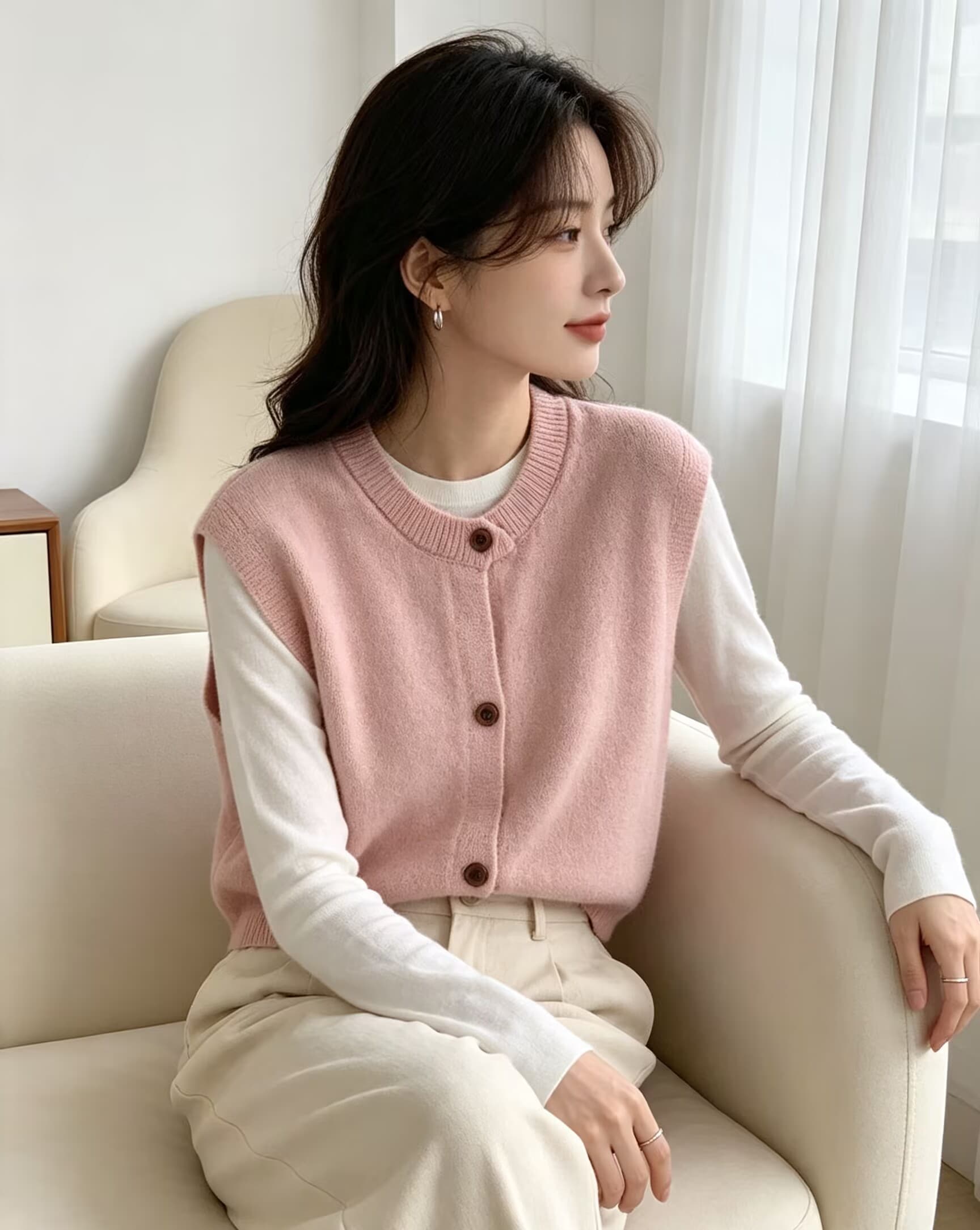 라운드 넥 단색 니트 베스트 여성 겨울 루즈핏 스택 착용 싱글 줄 버튼 민소매 스웨터 조끼 상세 이미지 20