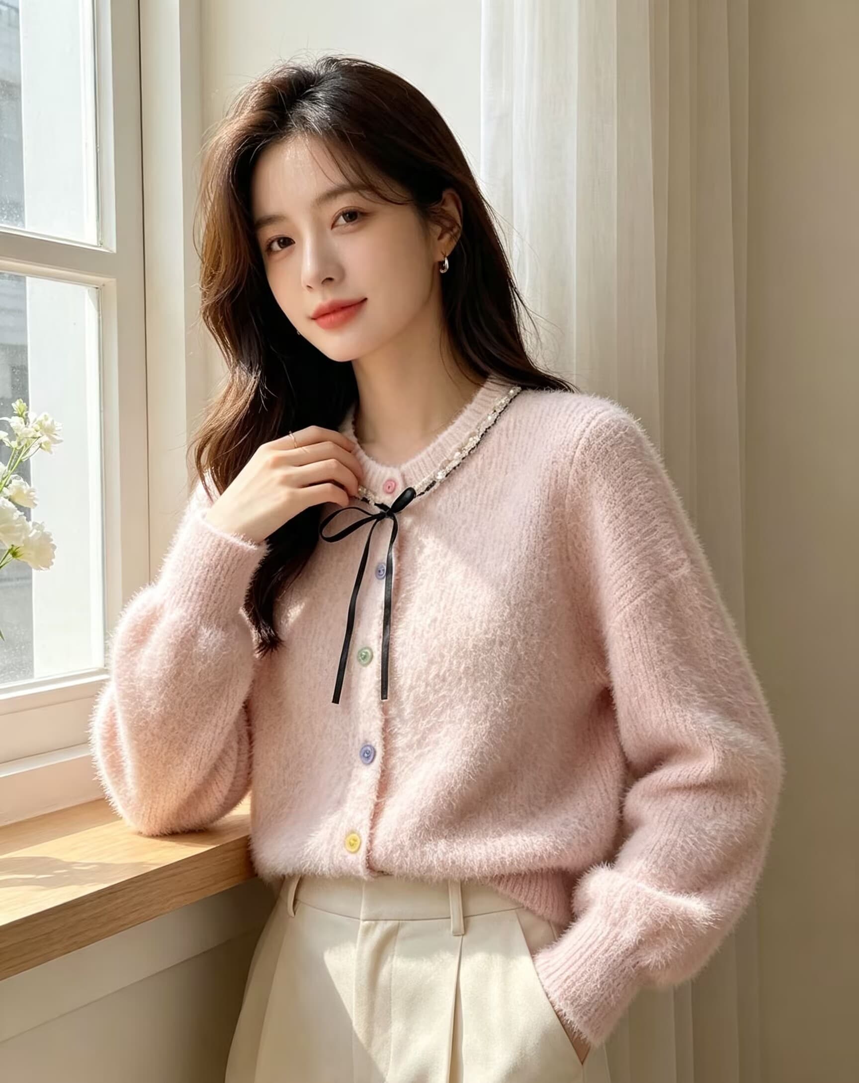 부드러운 바람 레이스업 나비 매듭 아름다운 스웨터 여성 코트 새로운 작은 키 밍크 플리스 달콤함 니트 오픈 가디건 이미지 2