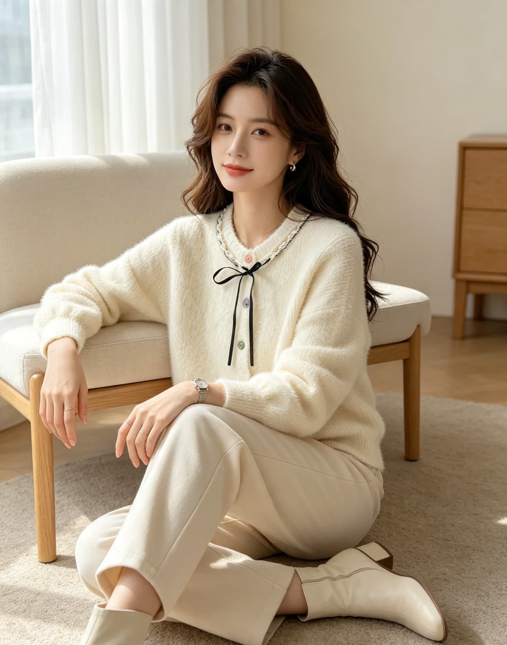 부드러운 바람 레이스업 나비 매듭 아름다운 스웨터 여성 코트 새로운 작은 키 밍크 플리스 달콤함 니트 오픈 가디건 이미지 3