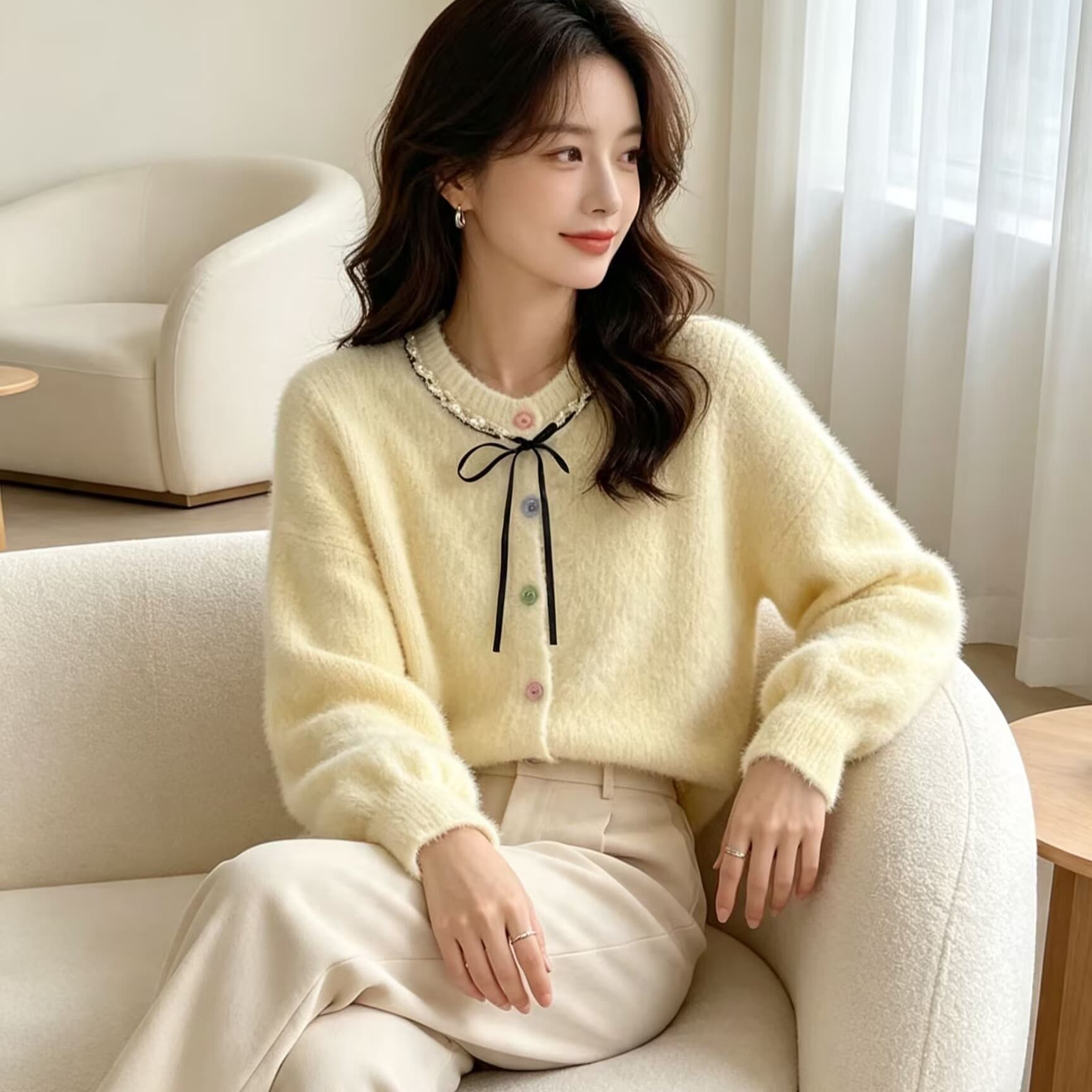 부드러운 바람 레이스업 나비 매듭 아름다운 스웨터 여성 코트 새로운 작은 키 밍크 플리스 달콤함 니트 오픈 가디건 이미지 5