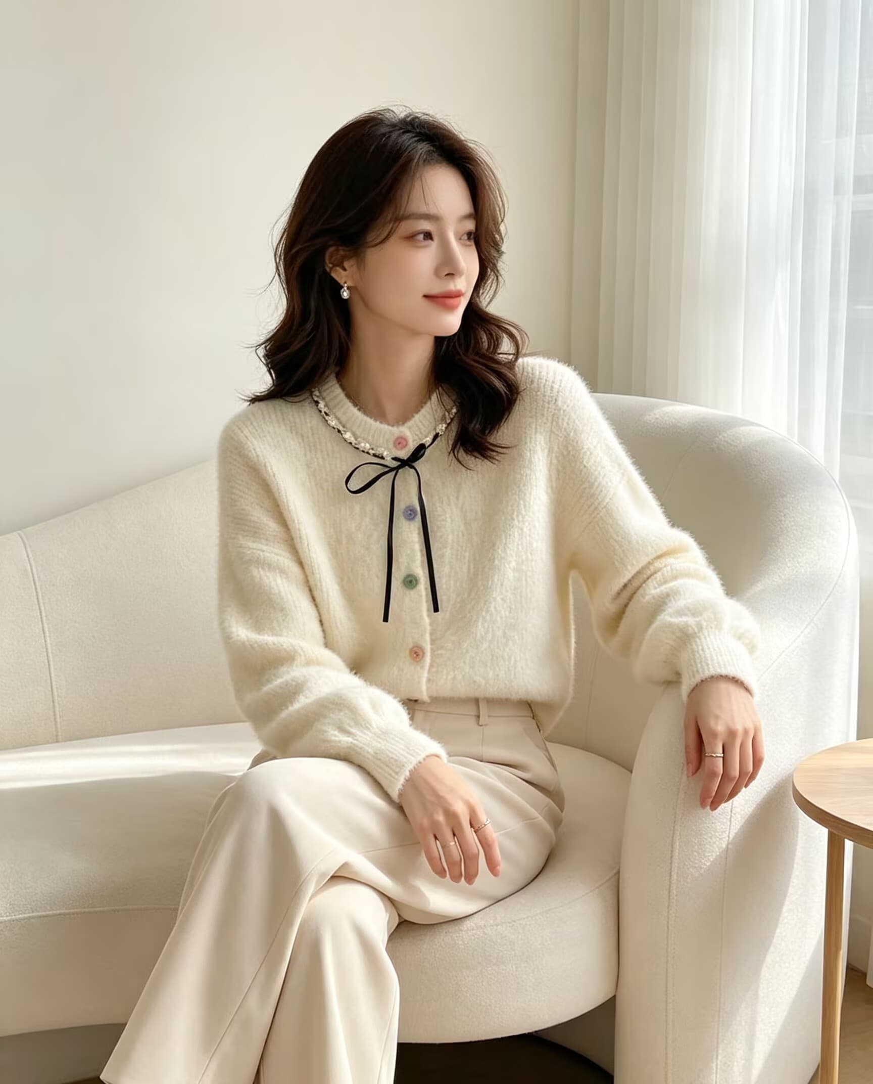부드러운 바람 레이스업 나비 매듭 아름다운 스웨터 여성 코트 새로운 작은 키 밍크 플리스 달콤함 니트 오픈 가디건 상세 이미지 3