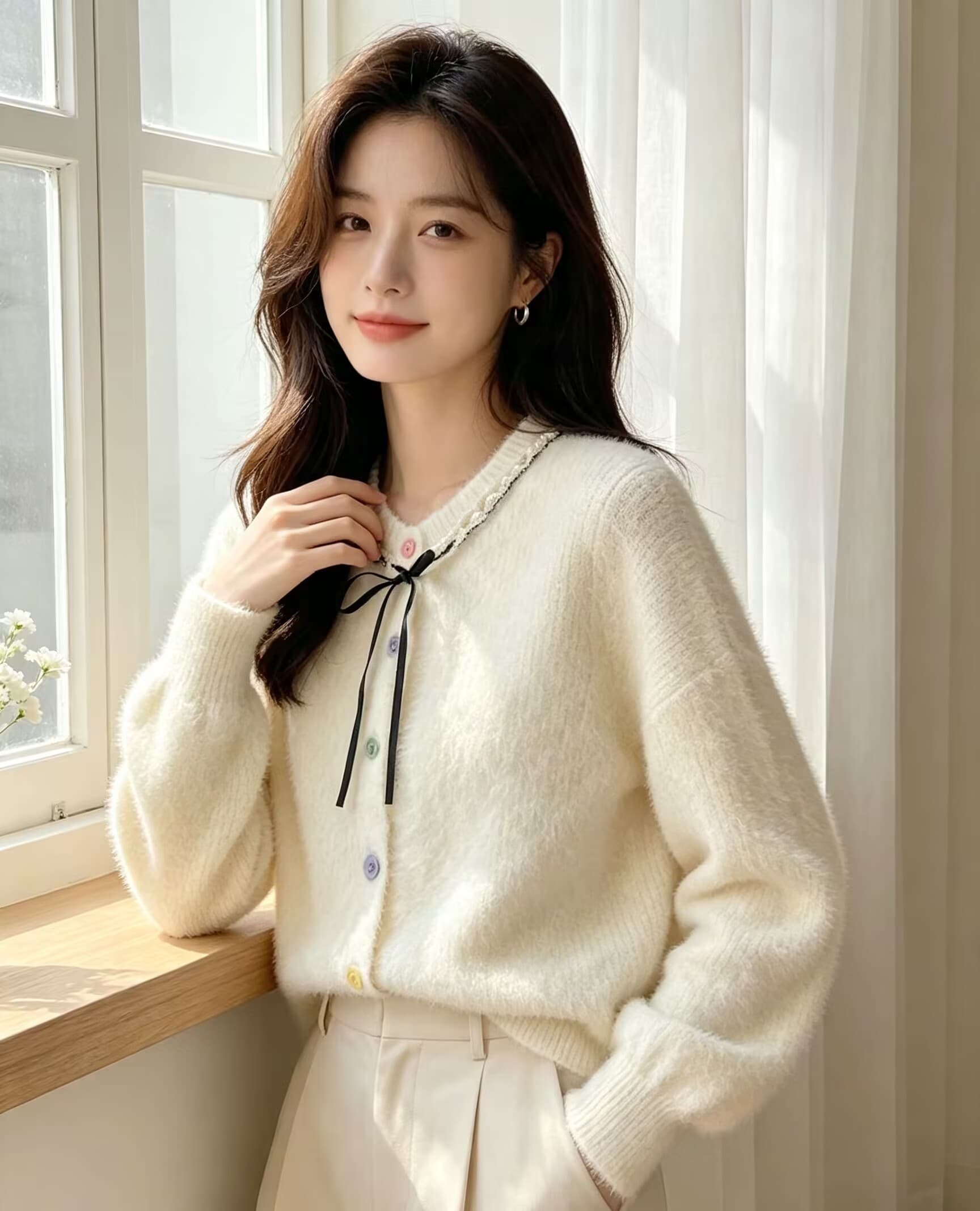 부드러운 바람 레이스업 나비 매듭 아름다운 스웨터 여성 코트 새로운 작은 키 밍크 플리스 달콤함 니트 오픈 가디건 상세 이미지 4