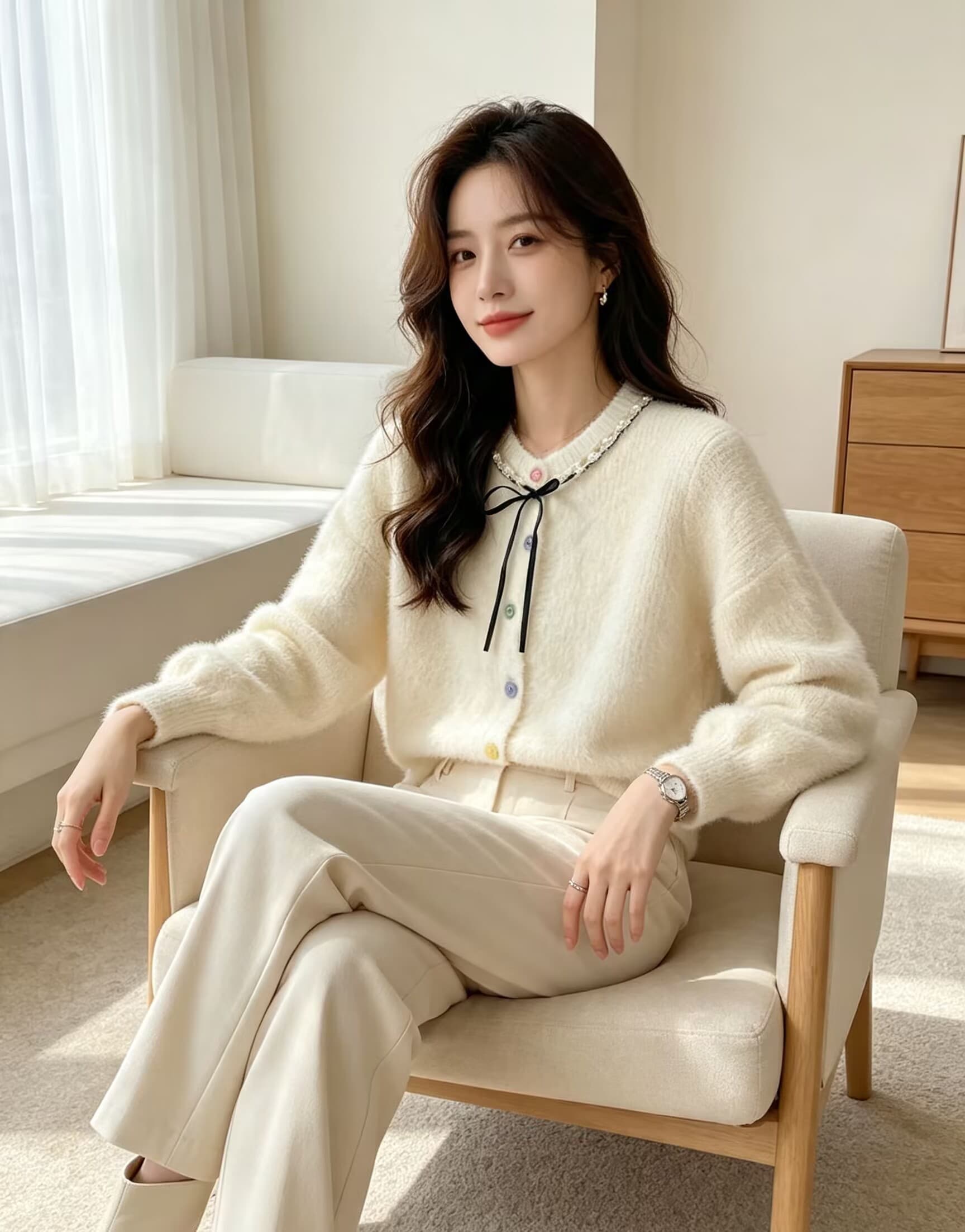 부드러운 바람 레이스업 나비 매듭 아름다운 스웨터 여성 코트 새로운 작은 키 밍크 플리스 달콤함 니트 오픈 가디건 상세 이미지 5