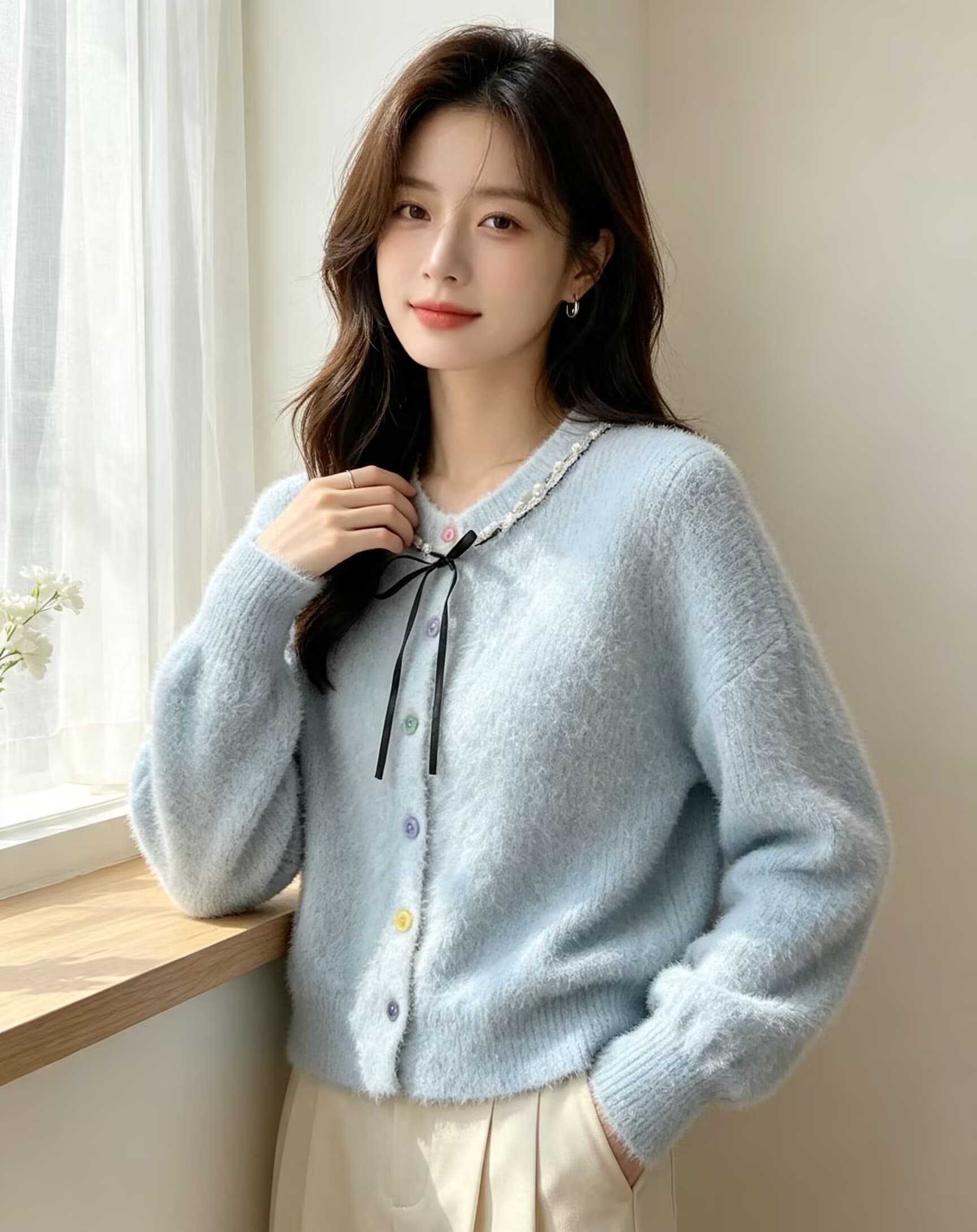 부드러운 바람 레이스업 나비 매듭 아름다운 스웨터 여성 코트 새로운 작은 키 밍크 플리스 달콤함 니트 오픈 가디건 상세 이미지 14
