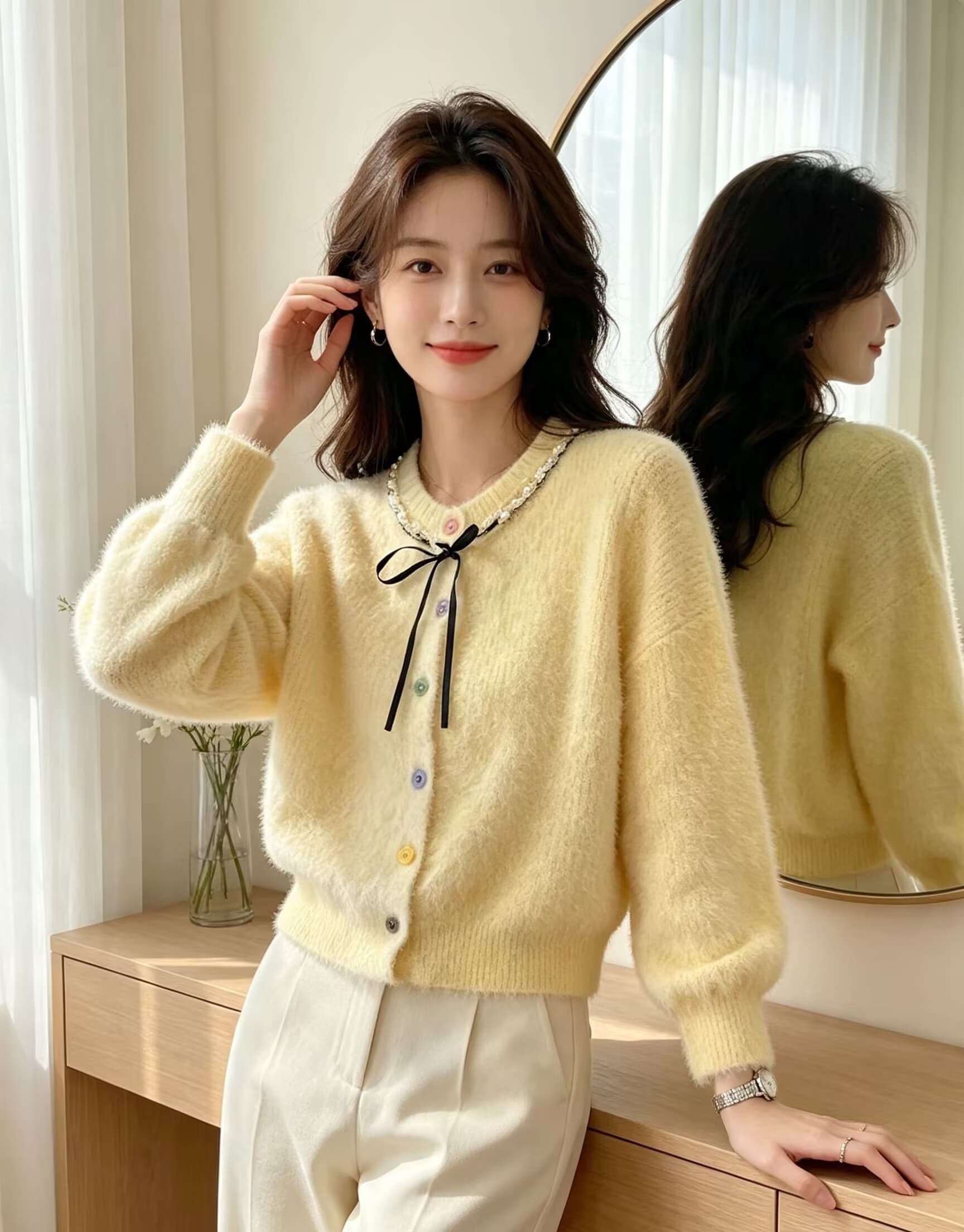 부드러운 바람 레이스업 나비 매듭 아름다운 스웨터 여성 코트 새로운 작은 키 밍크 플리스 달콤함 니트 오픈 가디건 상세 이미지 16