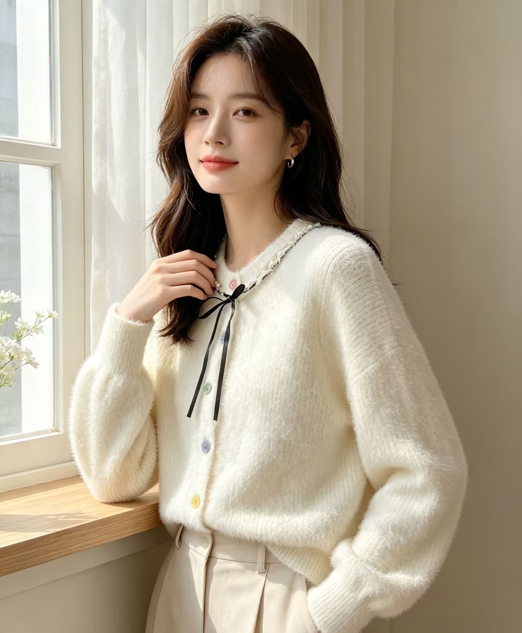 부드러운 바람 레이스업 나비 매듭 아름다운 스웨터 여성 코트 새로운 작은 키 밍크 플리스 달콤함 니트 오픈 가디건 상세 이미지 21