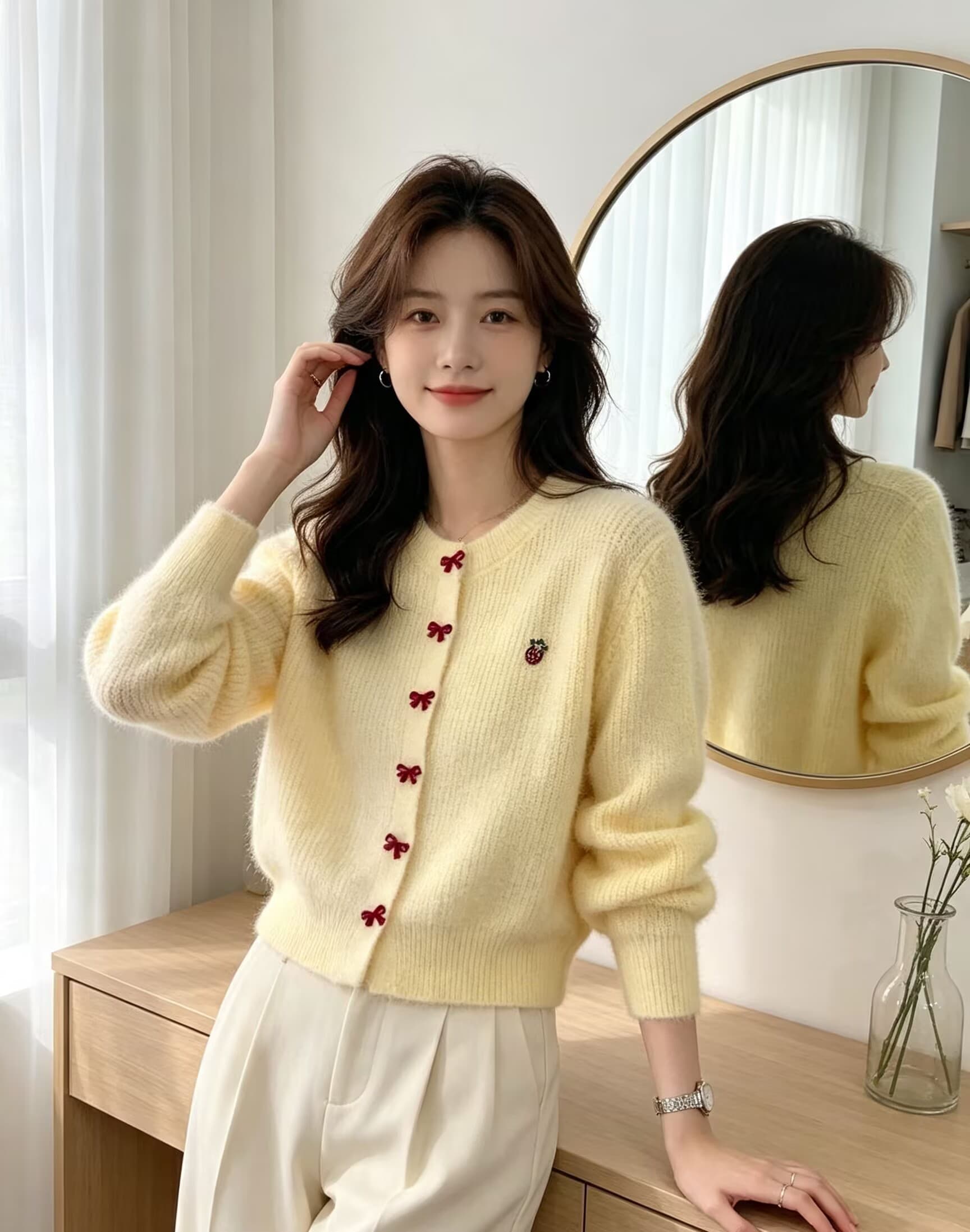 가을 겨울 새로운 모방 수달 두꺼운 라운드 넥 긴팔 니트 카디건 코트 이미지 3