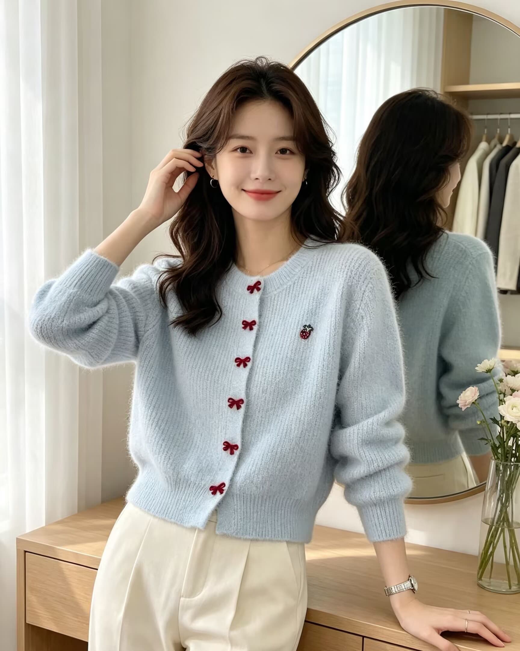 가을 겨울 새로운 모방 수달 두꺼운 라운드 넥 긴팔 니트 카디건 코트 상세 이미지 7